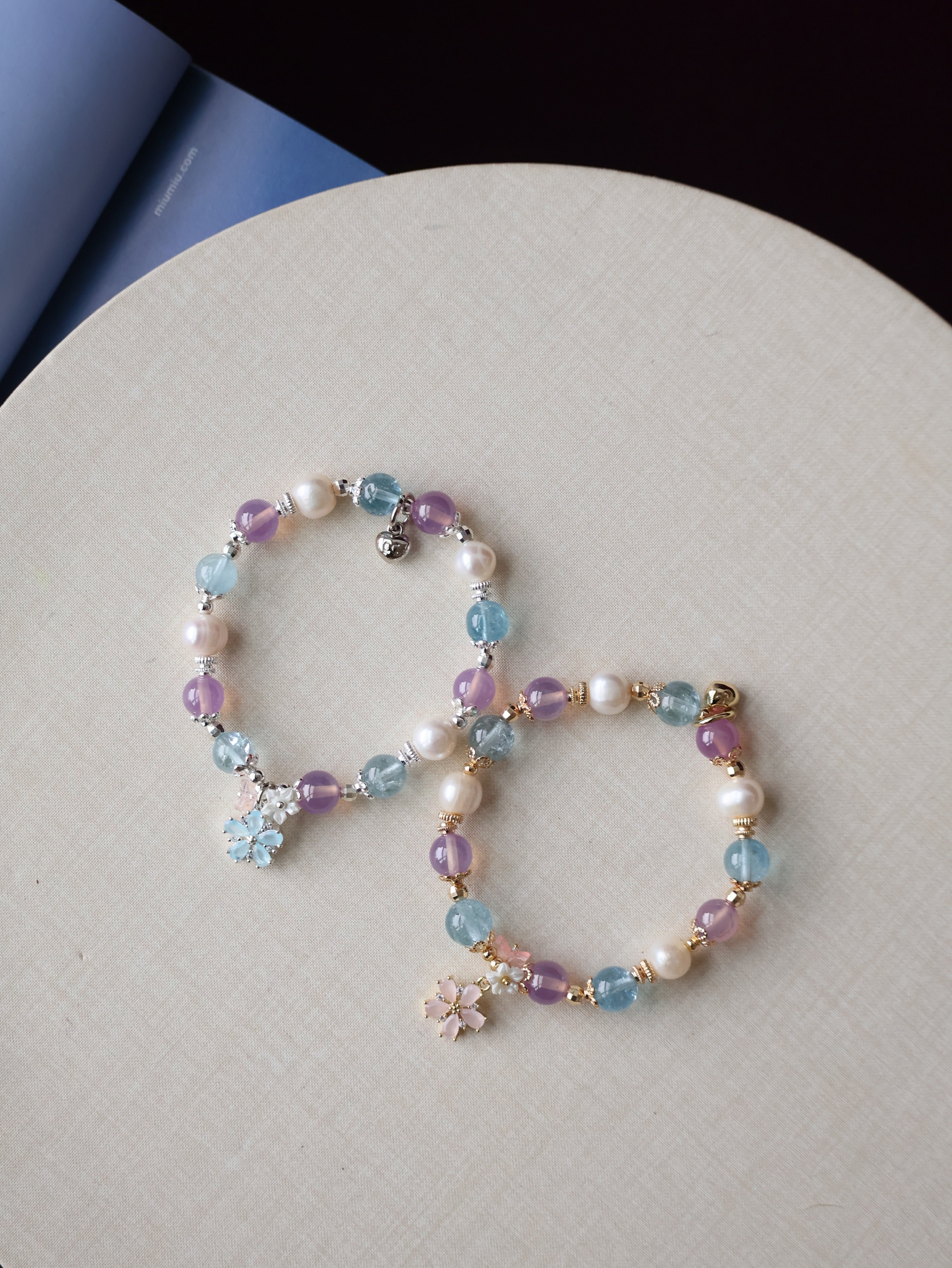 Ruby, Blue Topaz & Freshwater Pearl Crystal Bracelet with Flower Charm ¡ª Arendelle | 8mm (Elastic)
