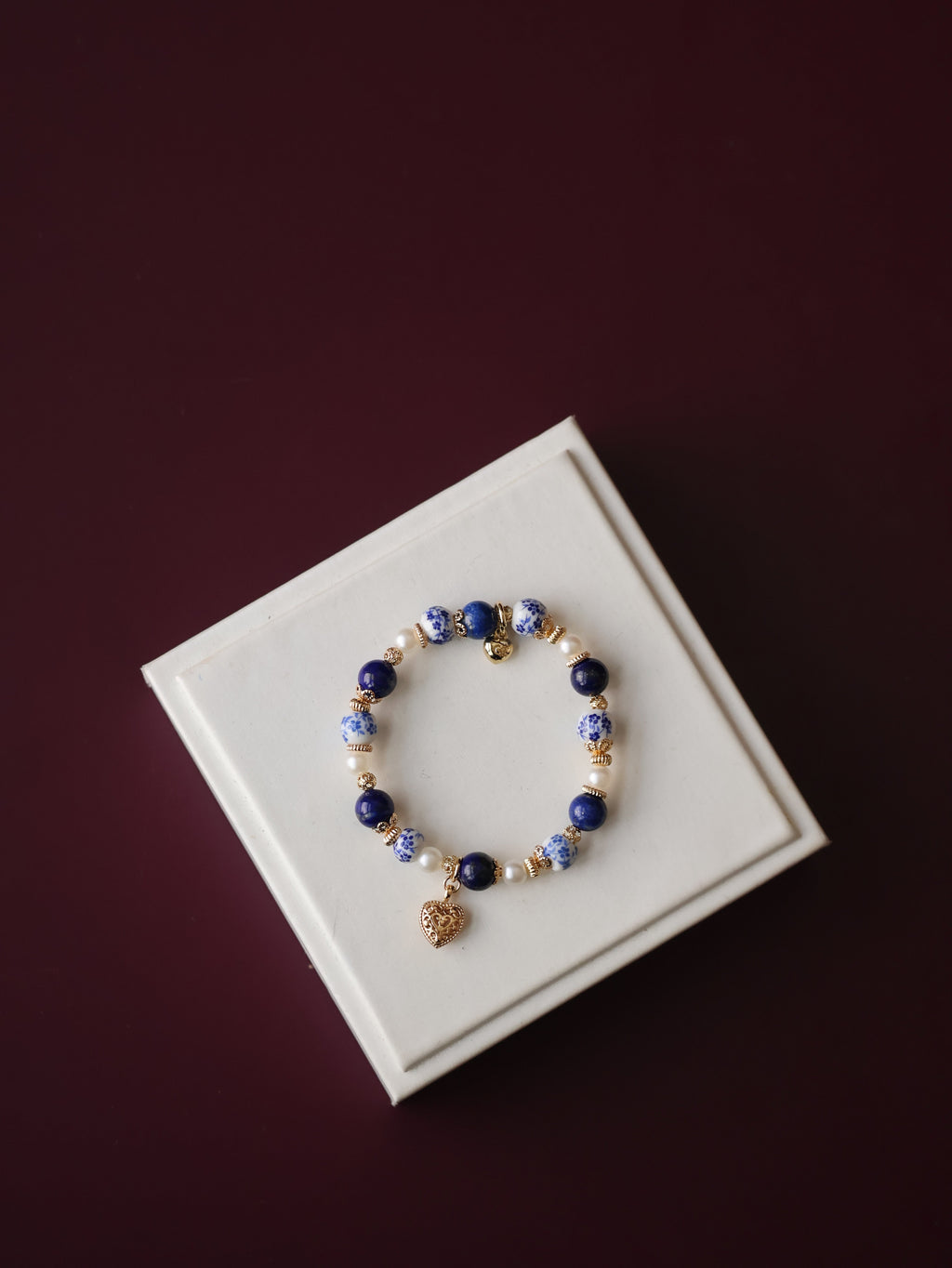 Lapis Lazuli Crystal Bracelet ¡ª Chinese Porcelain Inspired | 8mm (Elastic)