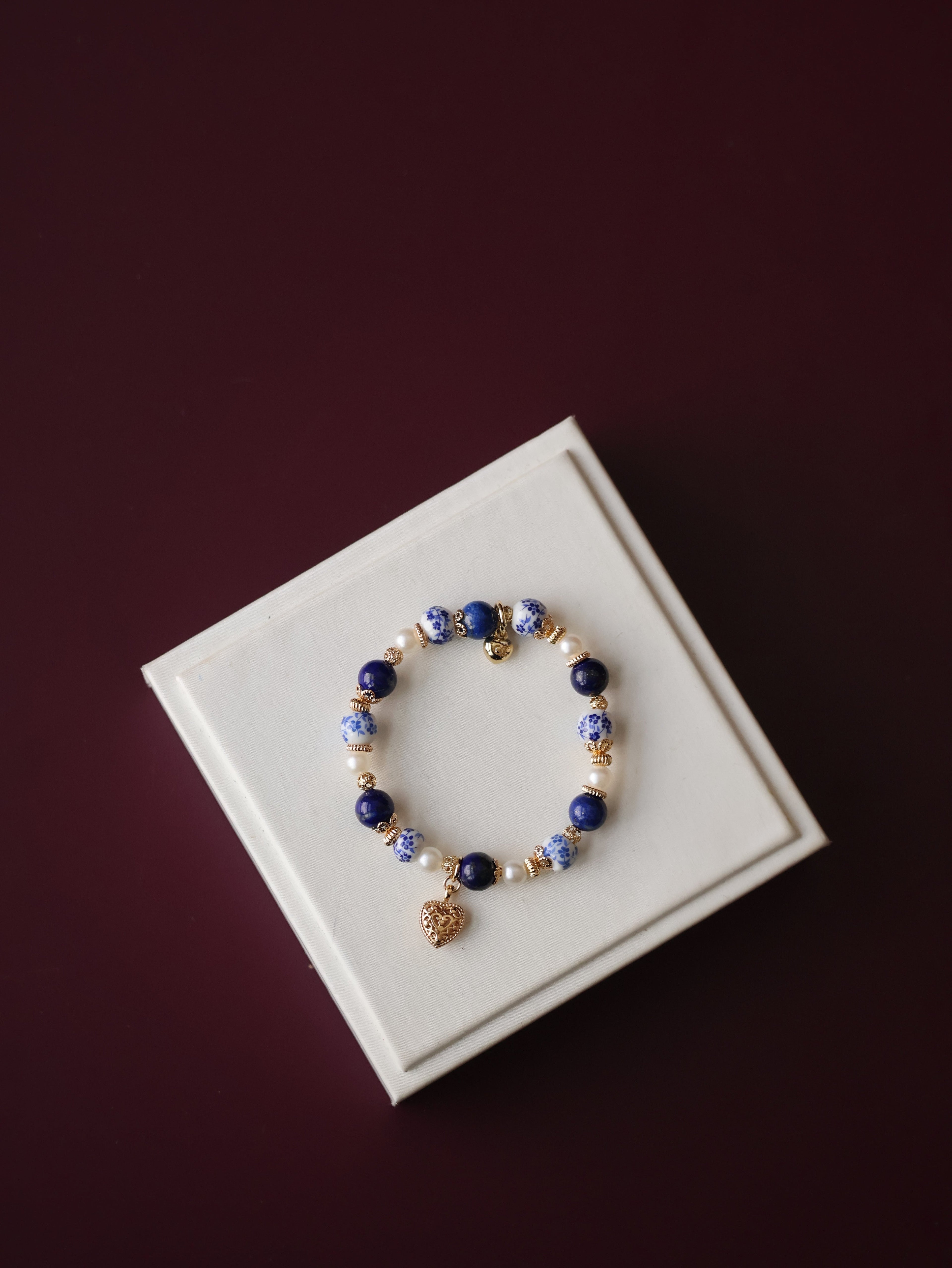 Lapis Lazuli Crystal Bracelet ¡ª Chinese Porcelain Inspired | 8mm (Elastic)
