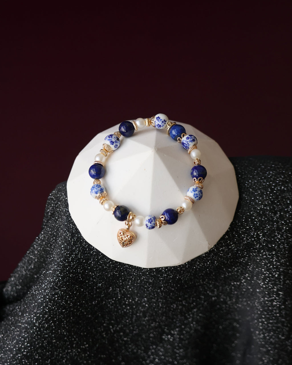 Lapis Lazuli Crystal Bracelet ¡ª Chinese Porcelain Inspired | 8mm (Elastic)