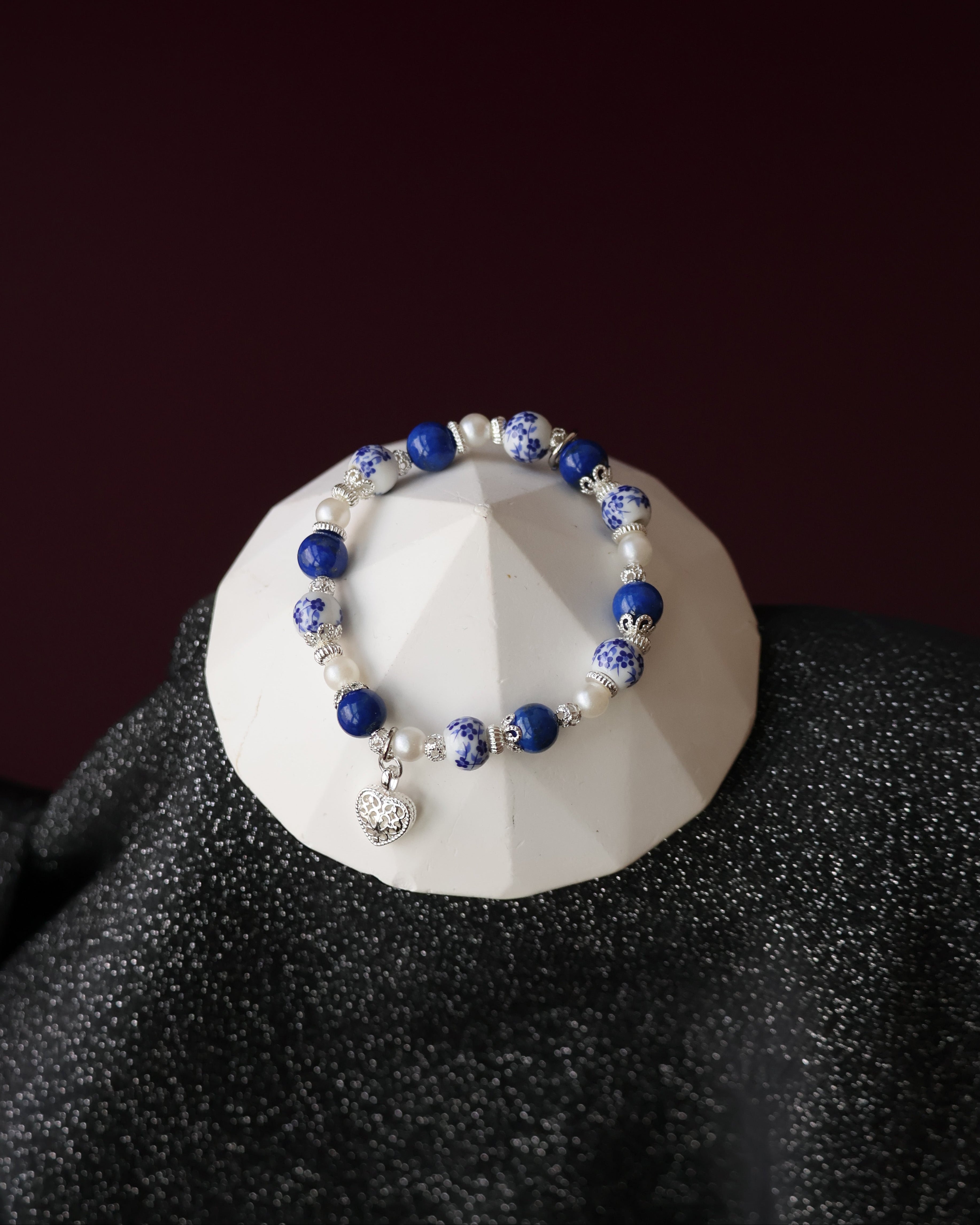 Lapis Lazuli Crystal Bracelet ¡ª Chinese Porcelain Inspired | 8mm (Elastic)