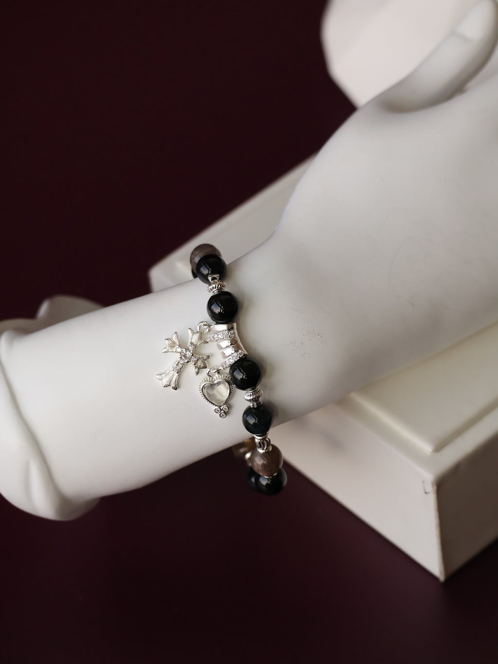 Black Tourmaline, Blue Tiger¡¯s Eye & Black Gold Skeletal Sunstone Crystal Bracelet ¡ª Cross x Heart | 8mm (Elastic)