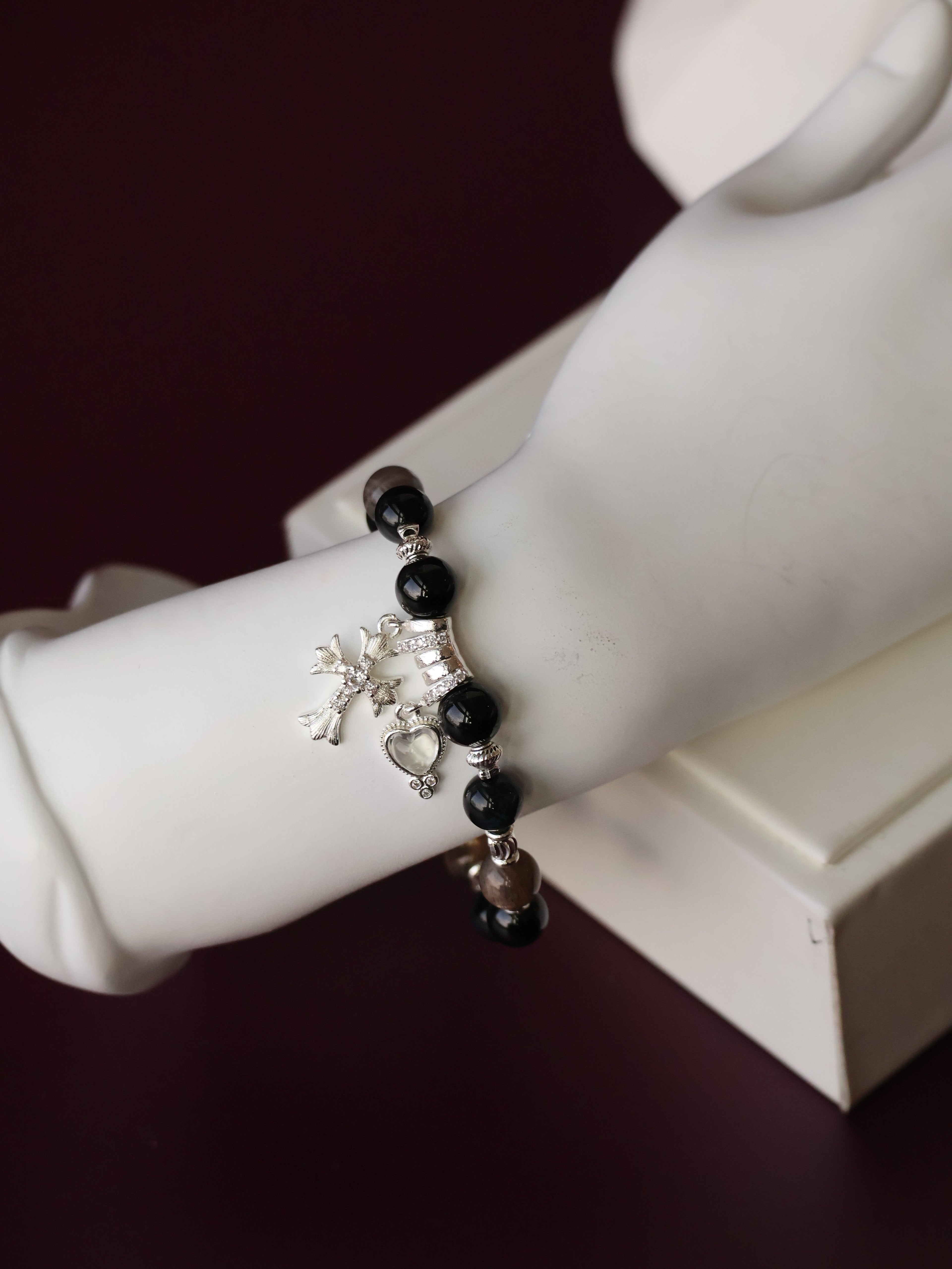 Black Tourmaline, Blue Tiger¡¯s Eye & Black Gold Skeletal Sunstone Crystal Bracelet ¡ª Cross x Heart | 8mm (Elastic)