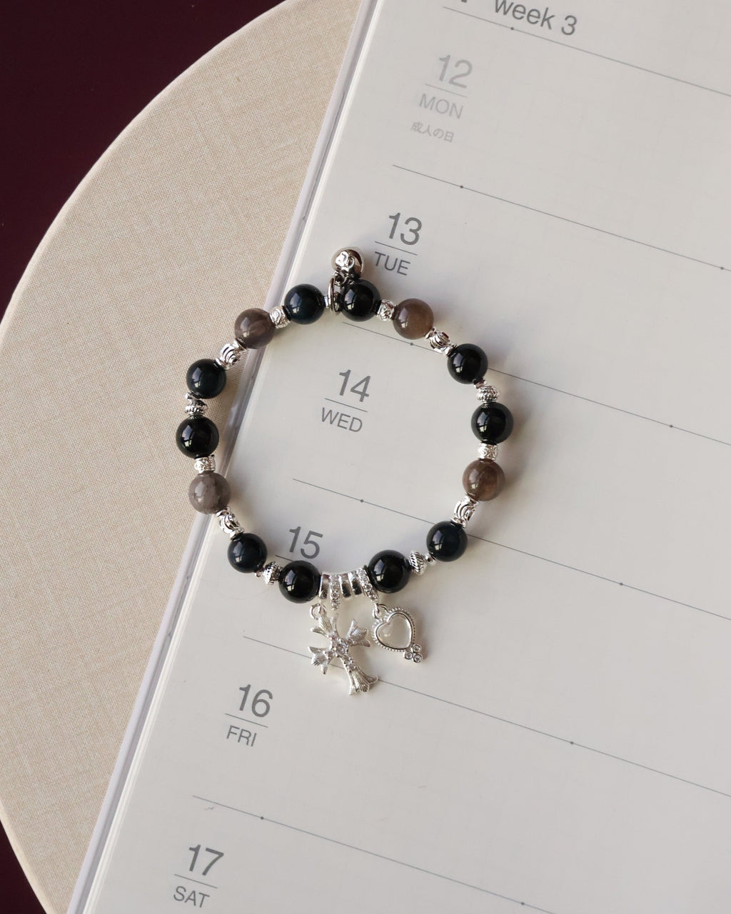 Black Tourmaline, Blue Tiger¡¯s Eye & Black Gold Skeletal Sunstone Crystal Bracelet ¡ª Cross x Heart | 8mm (Elastic)