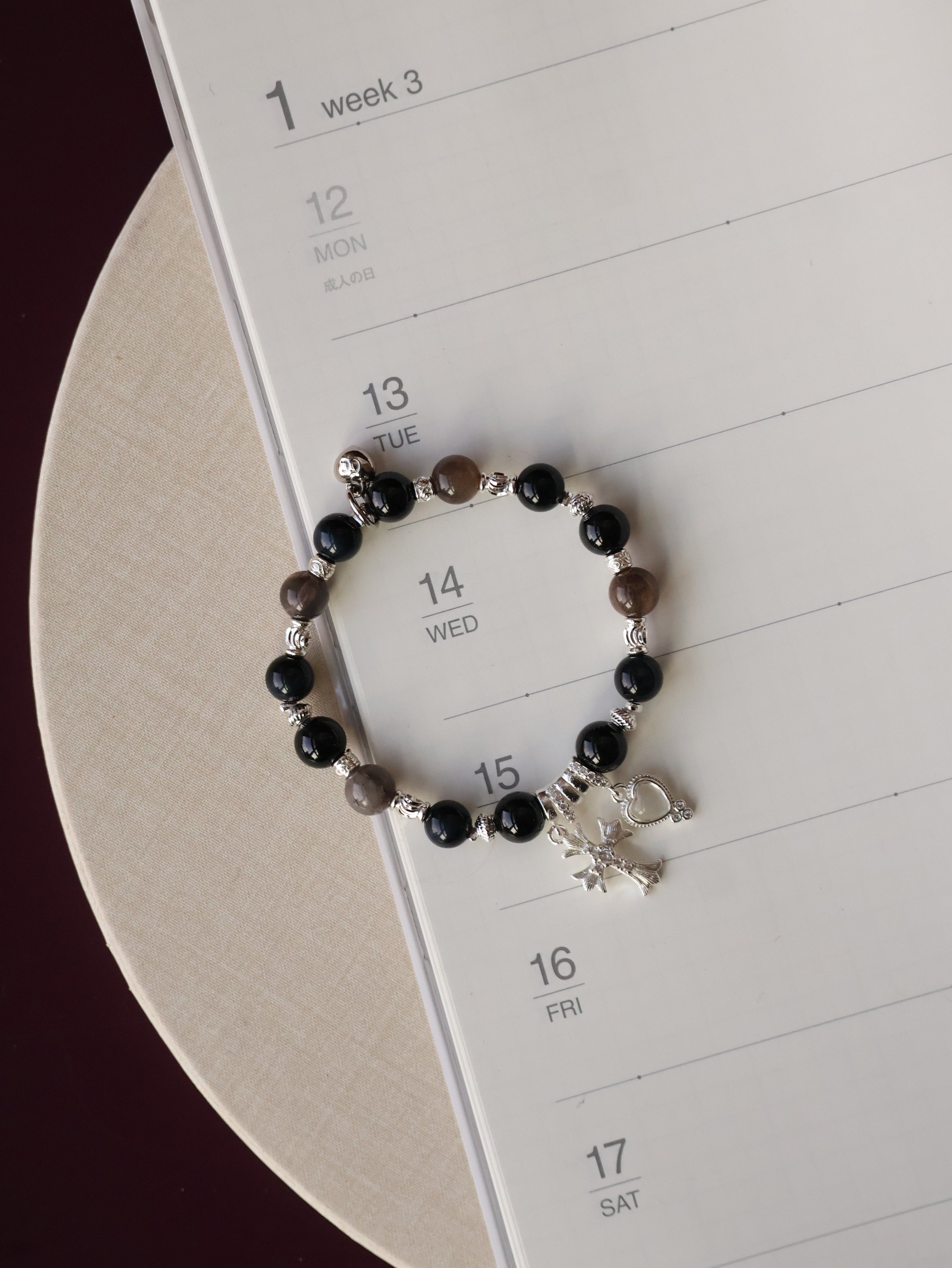 Black Tourmaline, Blue Tiger¡¯s Eye & Black Gold Skeletal Sunstone Crystal Bracelet ¡ª Cross x Heart | 8mm (Elastic)