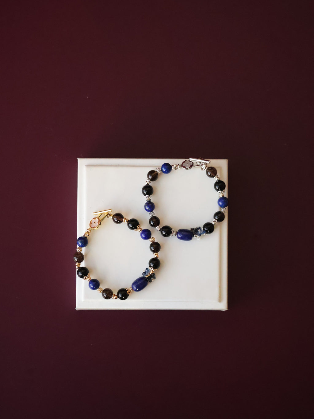 Lapis Lazuli Barrel, Black Obsidian & Smoky Quartz Bracelet ¡ª Lunaris | 8mm (OT Clasp, Elastic)