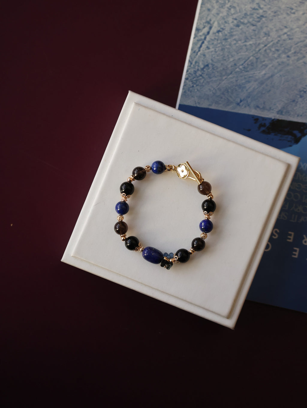 Lapis Lazuli Barrel, Black Obsidian & Smoky Quartz Bracelet ¡ª Lunaris | 8mm (OT Clasp, Elastic)