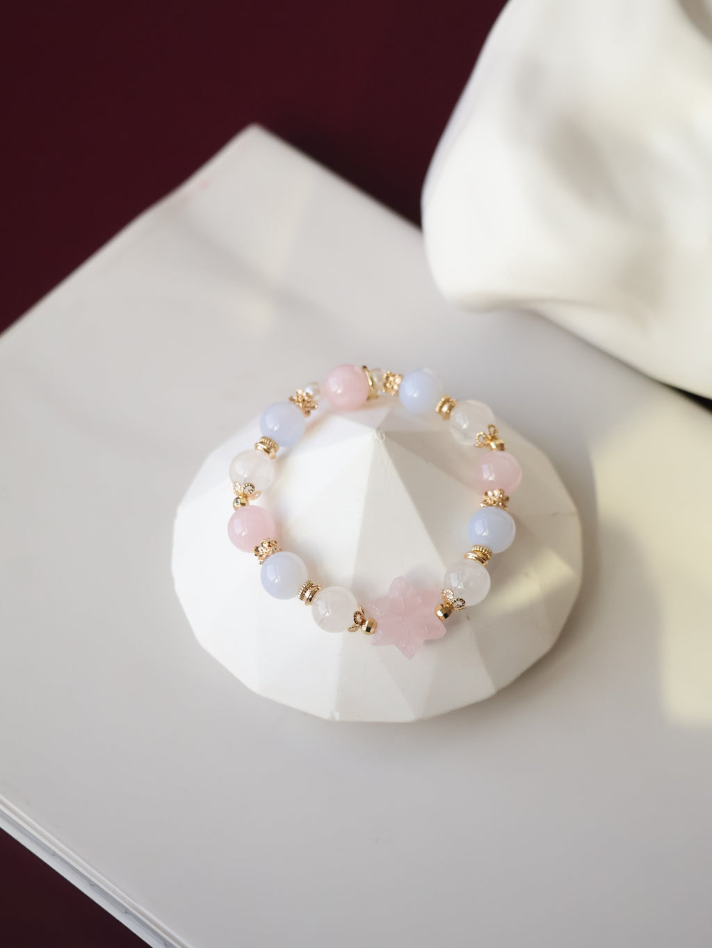 Blue Chalcedony, White Phantom Quartz & Rose Quartz Bracelet with Snowflake Carving¡ª Starley | 10mm (Elastic)