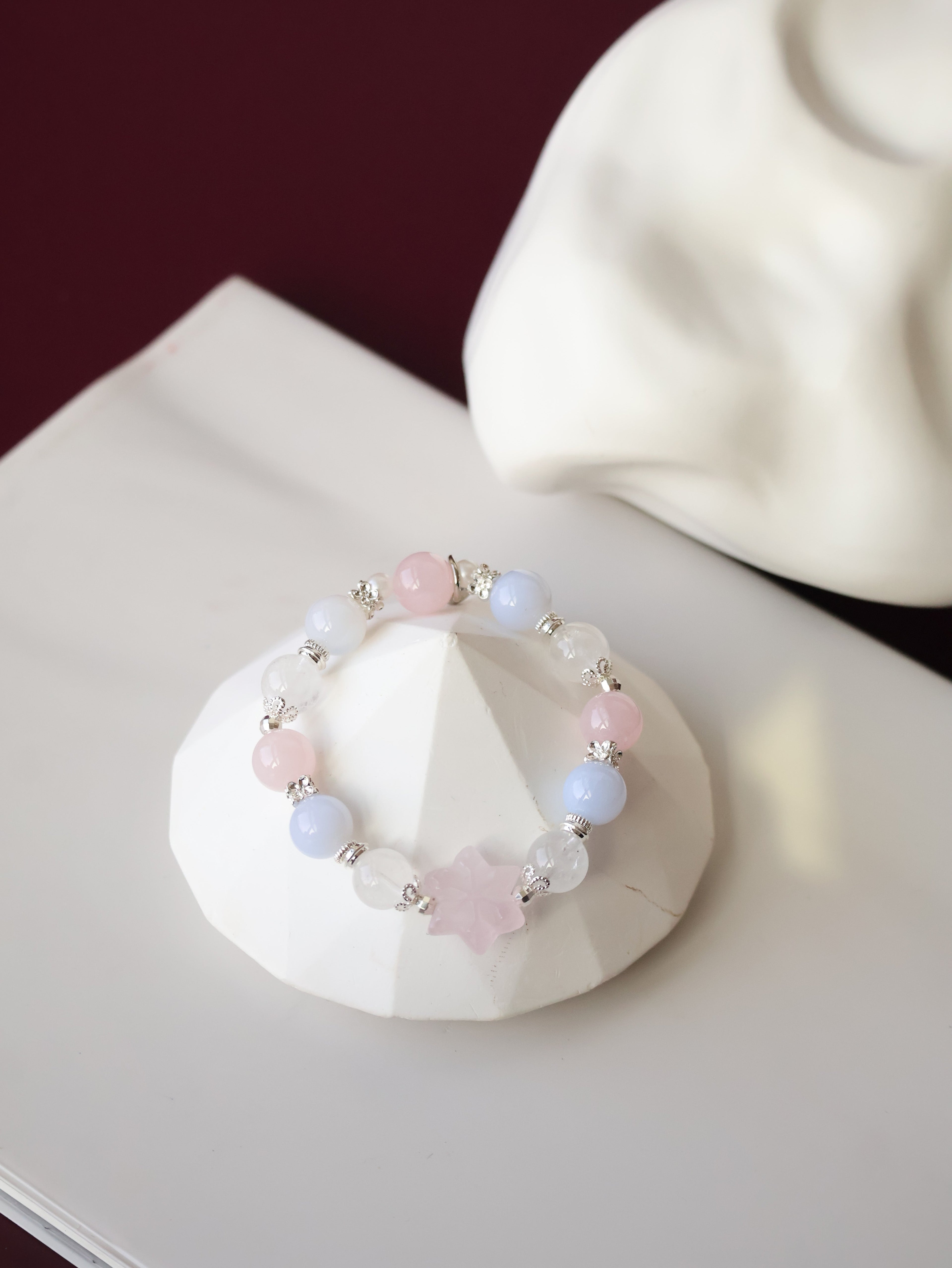 Blue Chalcedony, White Phantom Quartz & Rose Quartz Bracelet with Snowflake Carving¡ª Starley | 10mm (Elastic)