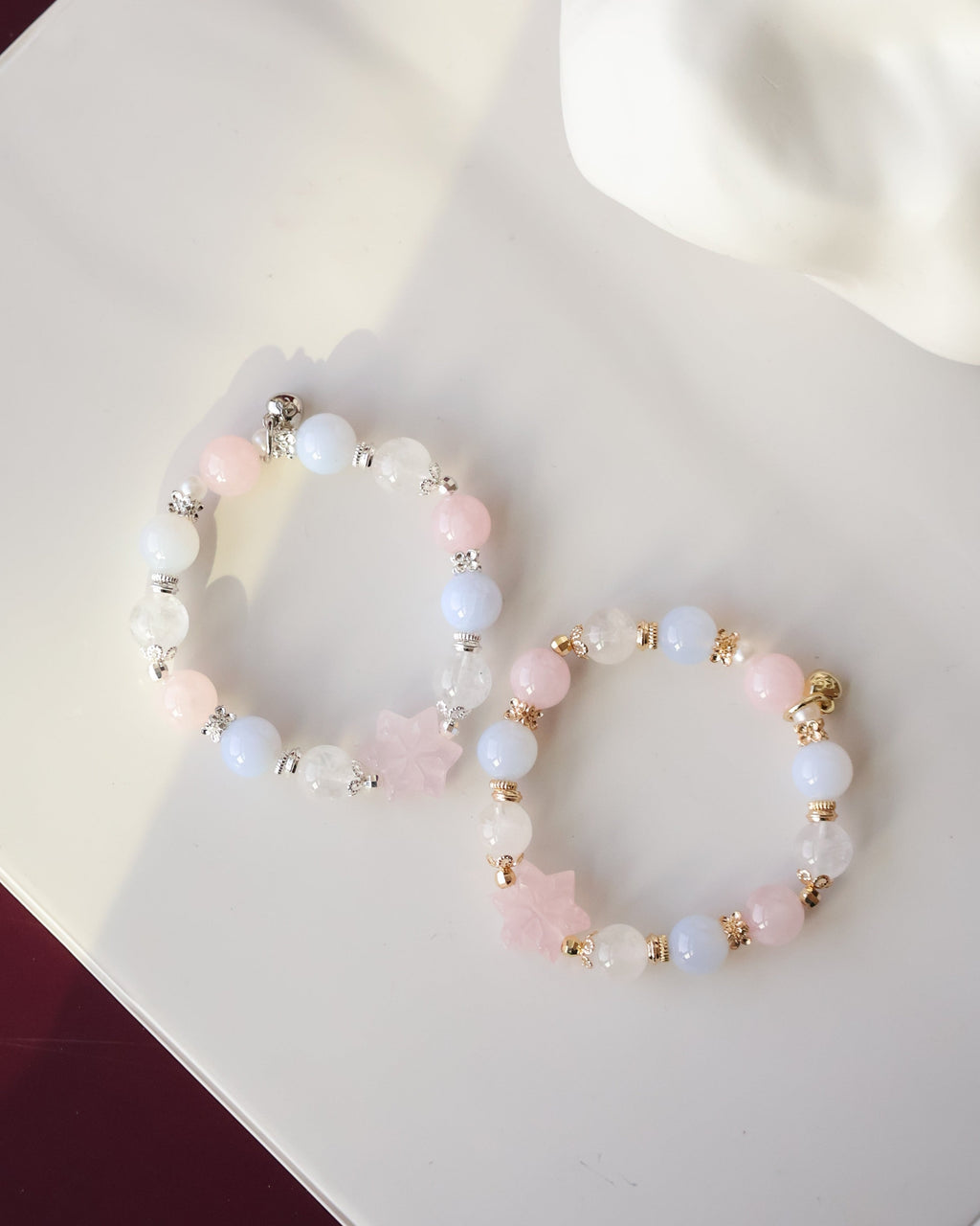 Blue Chalcedony, White Phantom Quartz & Rose Quartz Bracelet with Snowflake Carving¡ª Starley | 10mm (Elastic)