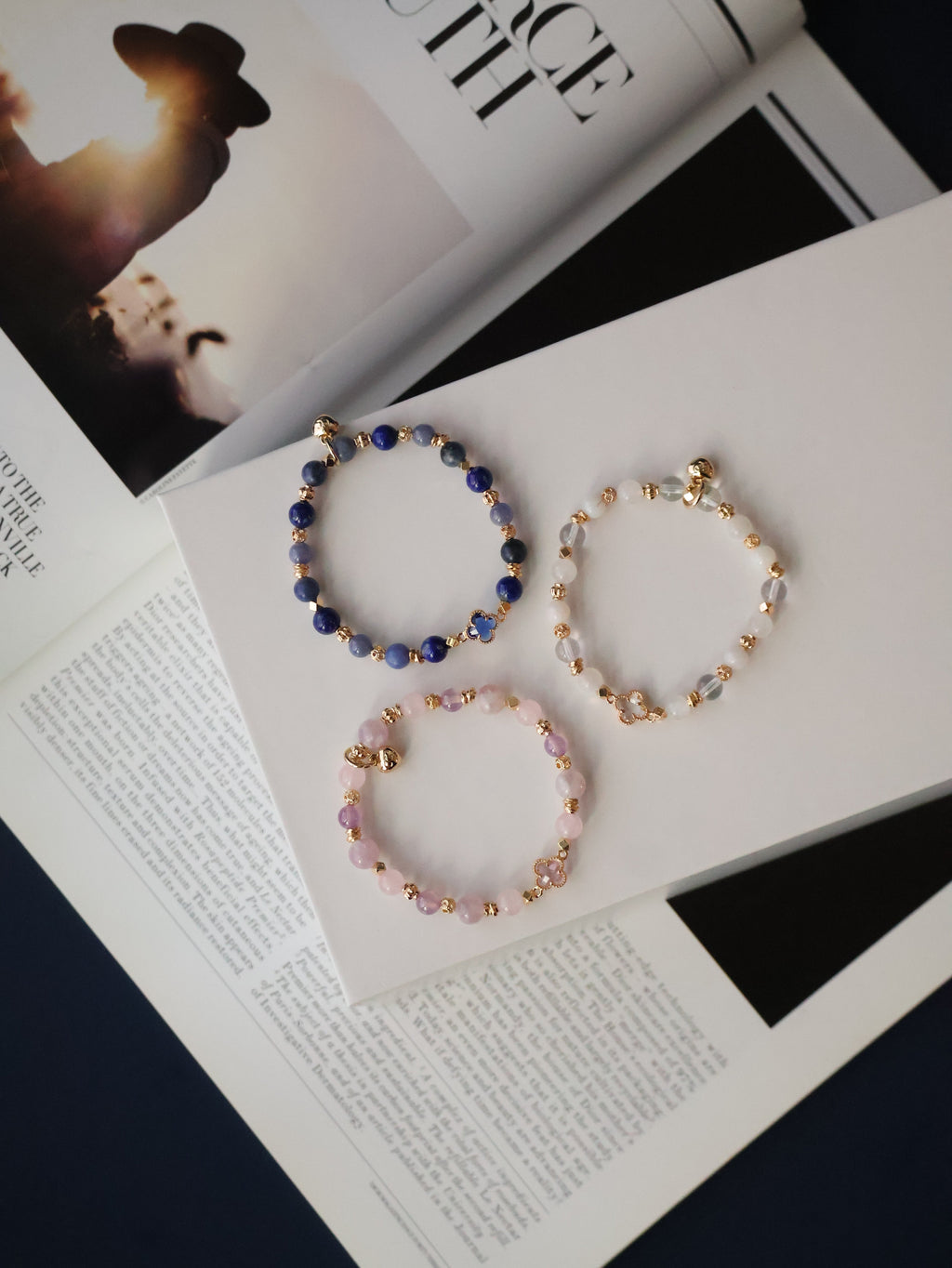 Lapis Lazuli, Rose Quartz & Moonstone Stackers Crystal Bracelet ¡ª Clover Alchemy Series 2.0 | 6mm (Elastic)