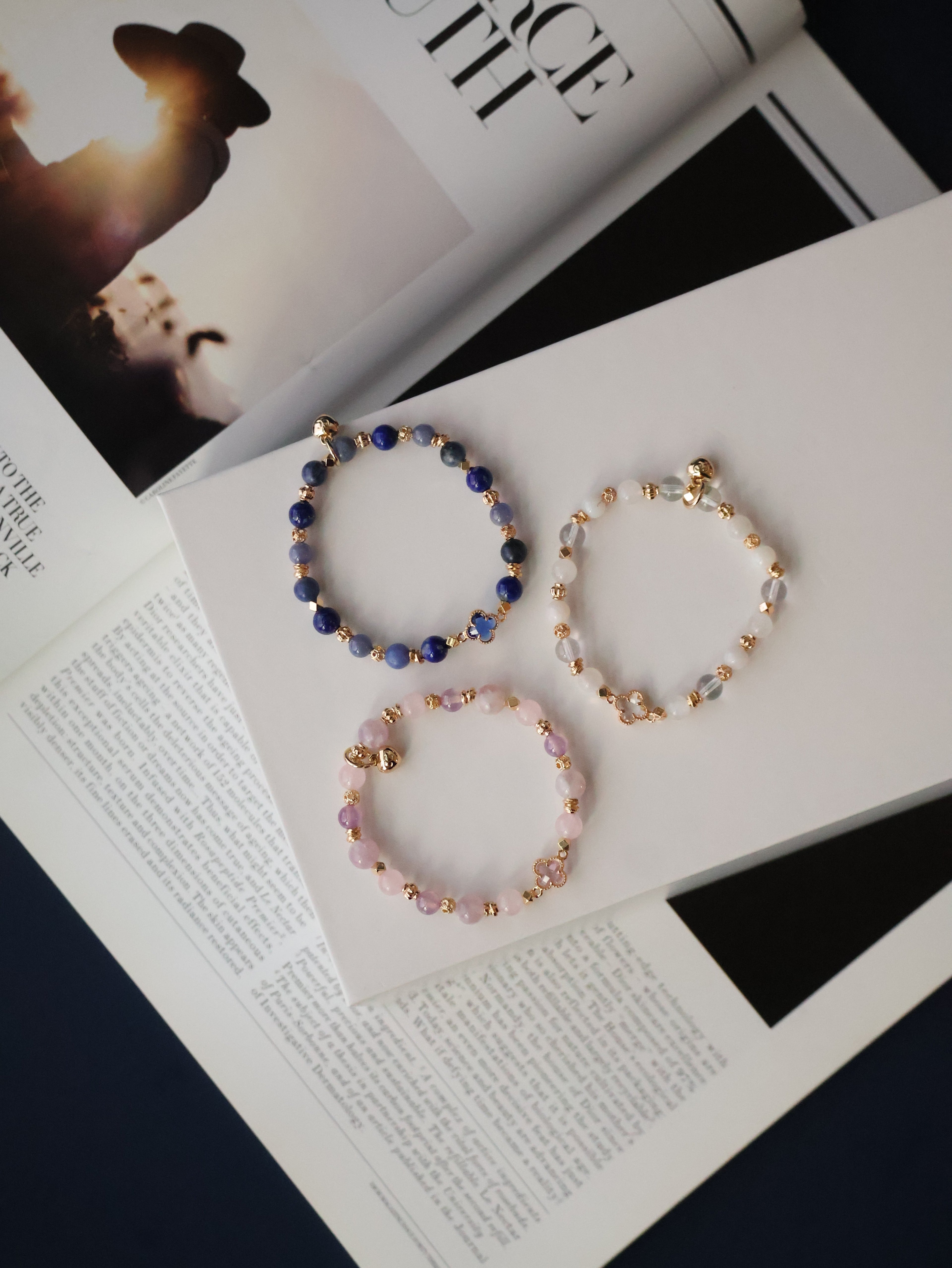 Lapis Lazuli, Rose Quartz & Moonstone Stackers Crystal Bracelet ¡ª Clover Alchemy Series 2.0 | 6mm (Elastic)