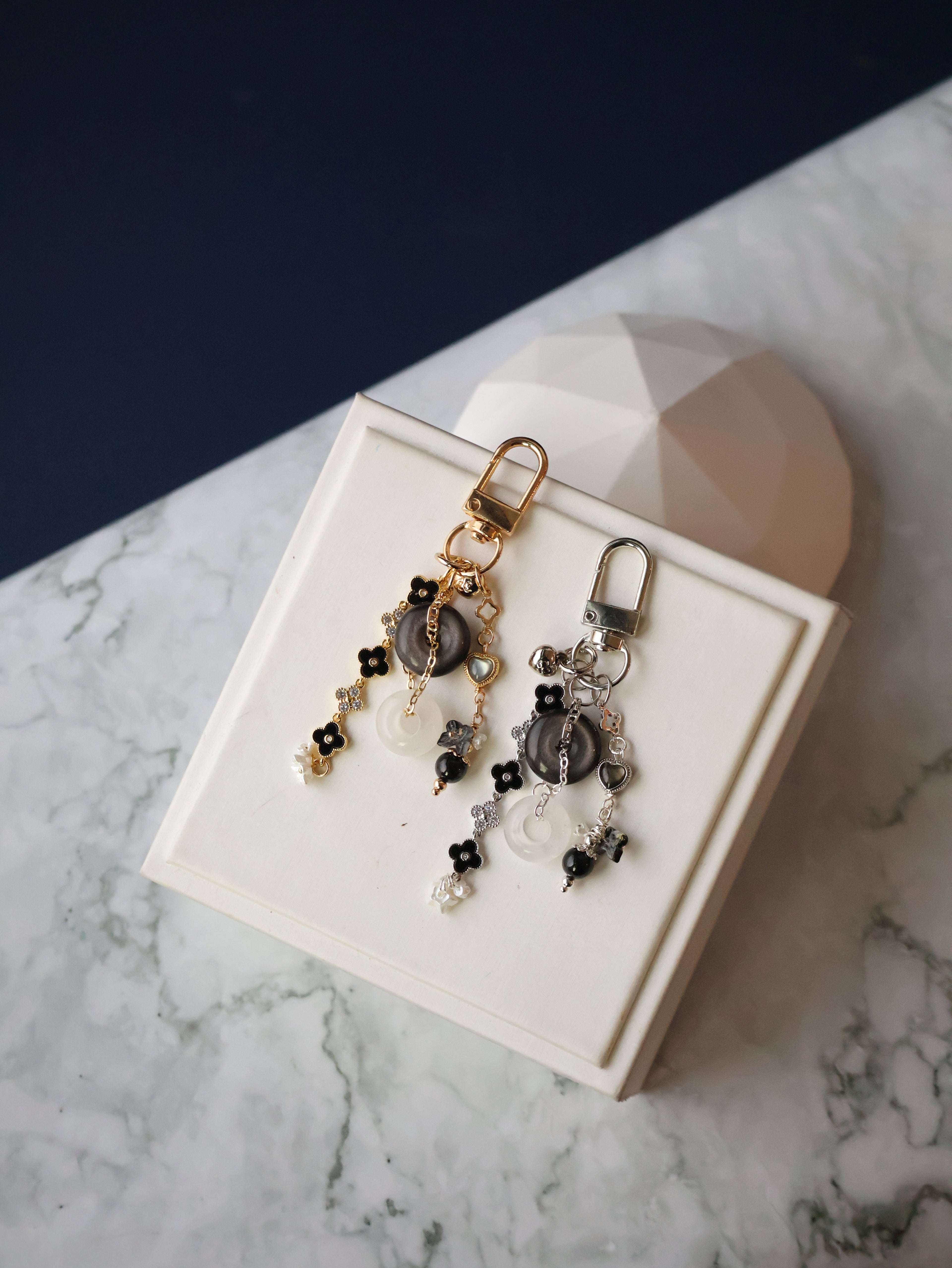 Black Obsidian, White Phantom Quartz & Hypersthene Crystal Keychain ¡ª Amorette Clover Ping An Kou