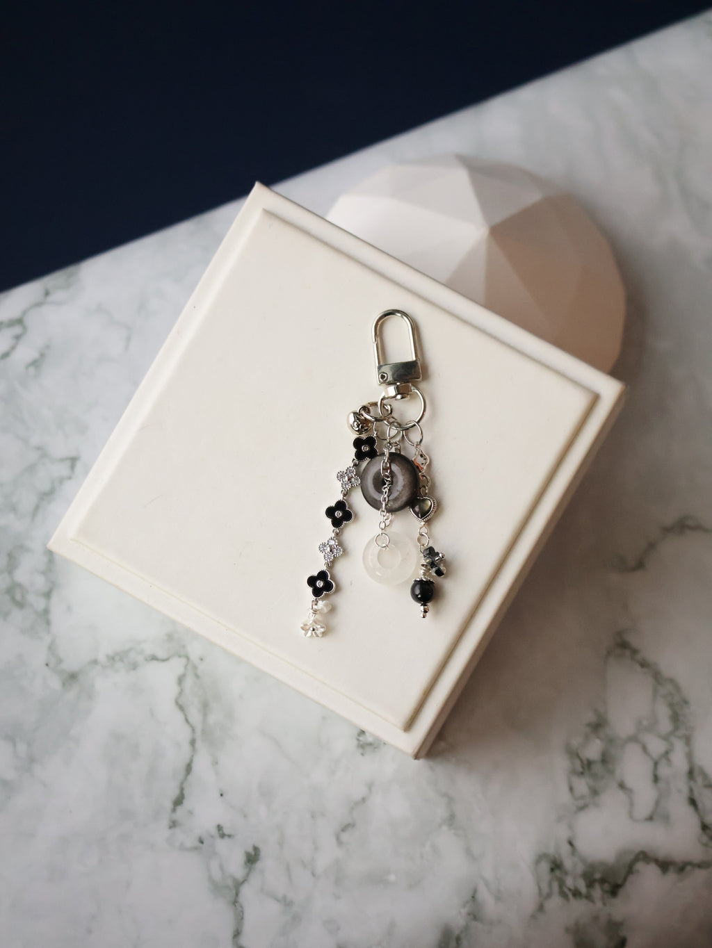 Black Obsidian, White Phantom Quartz & Hypersthene Crystal Keychain ¡ª Amorette Clover Ping An Kou