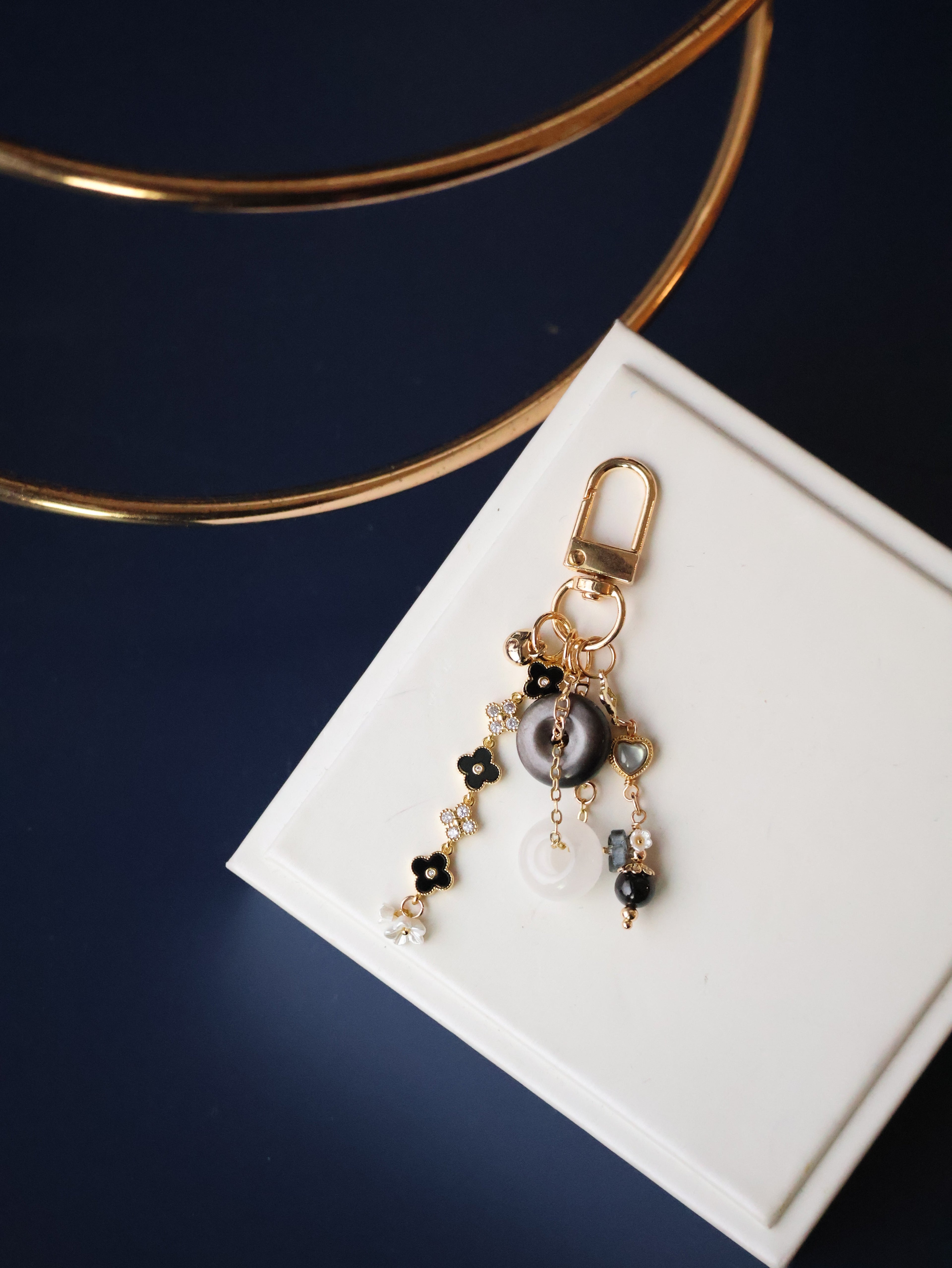 Black Obsidian, White Phantom Quartz & Hypersthene Crystal Keychain ¡ª Amorette Clover Ping An Kou