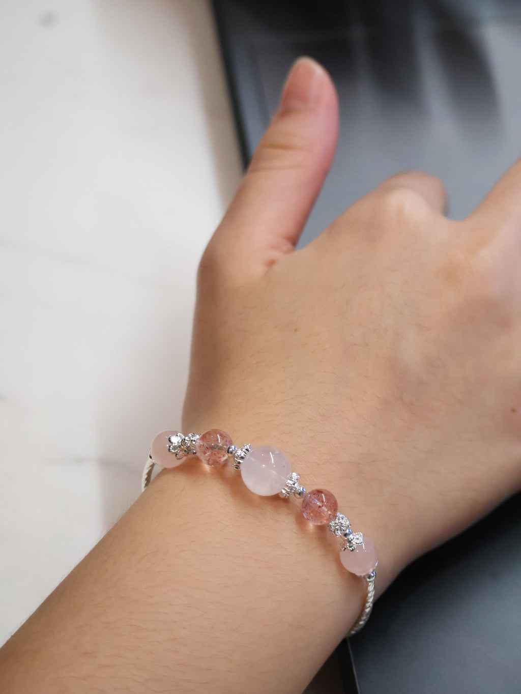 Strawberry Quartz & Rose Quartz Crystal Bracelet Bangle ¡ª Orianna Bangles Series | 8mm (Elastic)