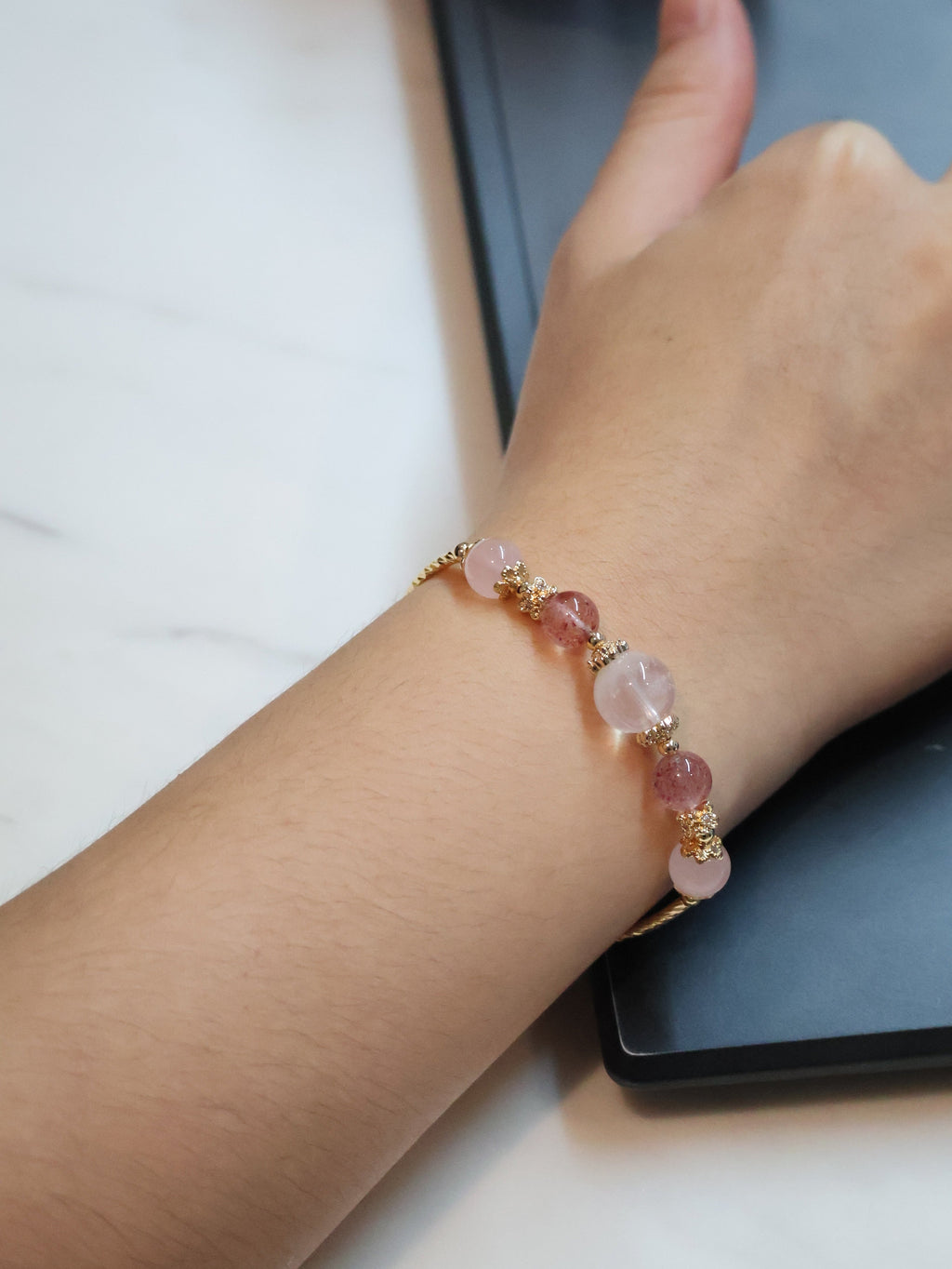 Strawberry Quartz & Rose Quartz Crystal Bracelet Bangle ¡ª Orianna Bangles Series | 8mm (Elastic)