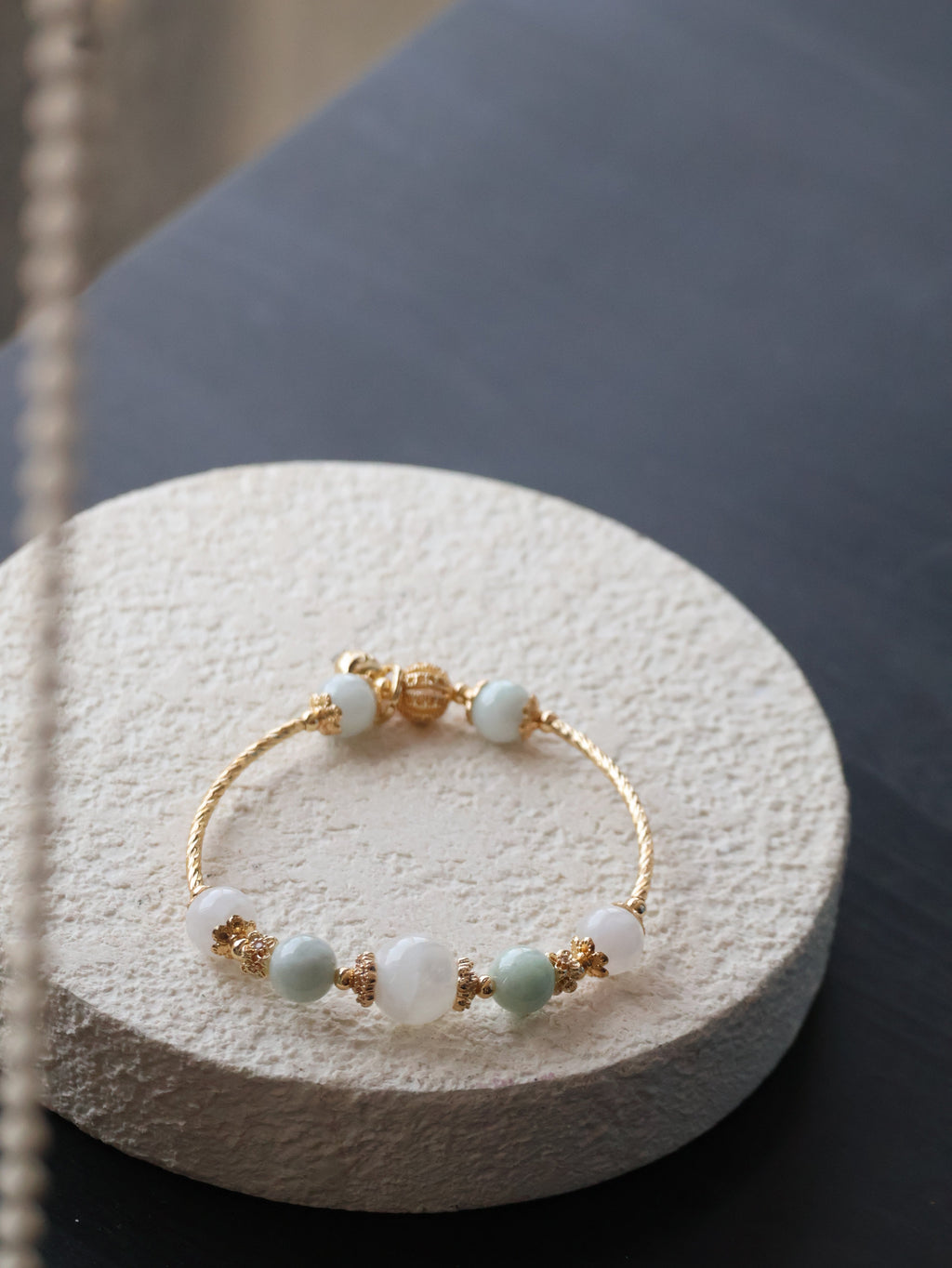 Green Jadeite & White Phantom Quartz Crystal Bracelet Bangle ¡ª Orianna Bangles Series | 8mm (Elastic)