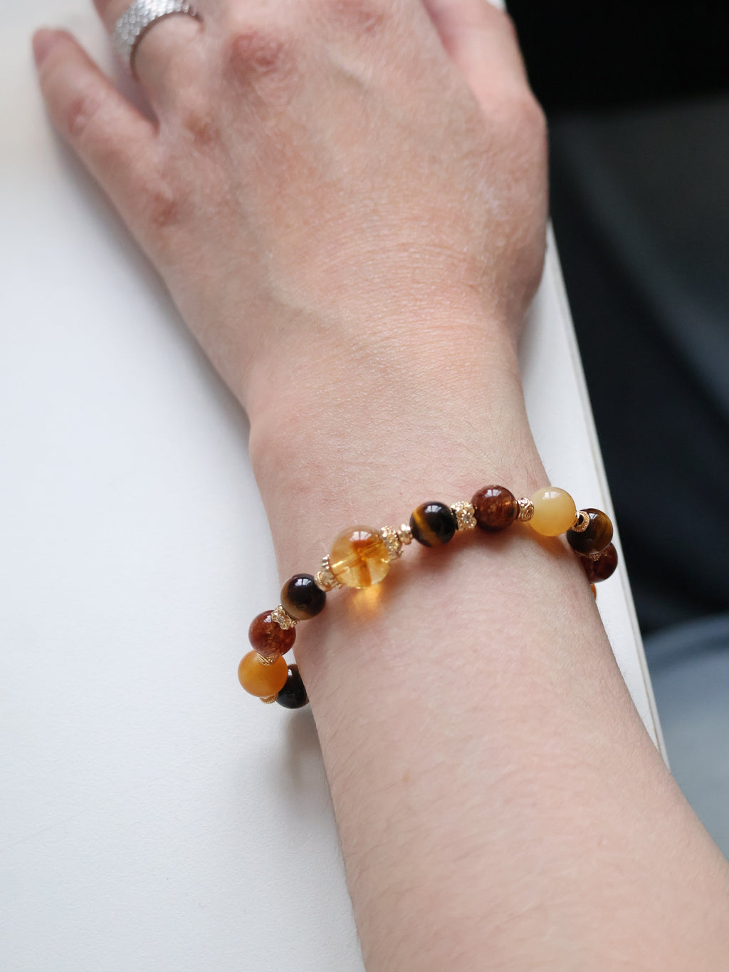 Andesine Labradorite, Tiger¡¯s Eye, Citrine & Black Gold Super 7 Crystal Bracelet ¡ª Miel Honey | 8mm (Elastic)