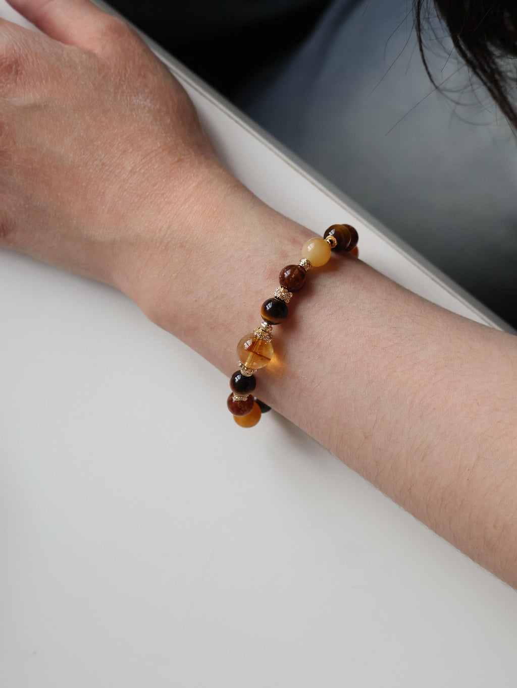 Andesine Labradorite, Tiger¡¯s Eye, Citrine & Black Gold Super 7 Crystal Bracelet ¡ª Miel Honey | 8mm (Elastic)