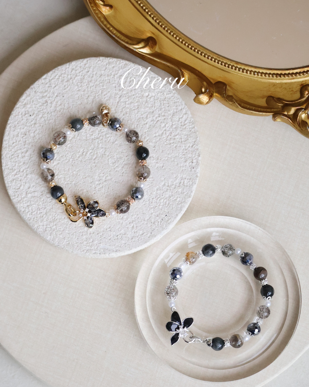 Black Strawberry Quartz, Hematite, Herkimer Diamond & Grey Tiger¡¯s Eye ¡ª Plumeria Black | 8mm (Elastic, OT Clasp)