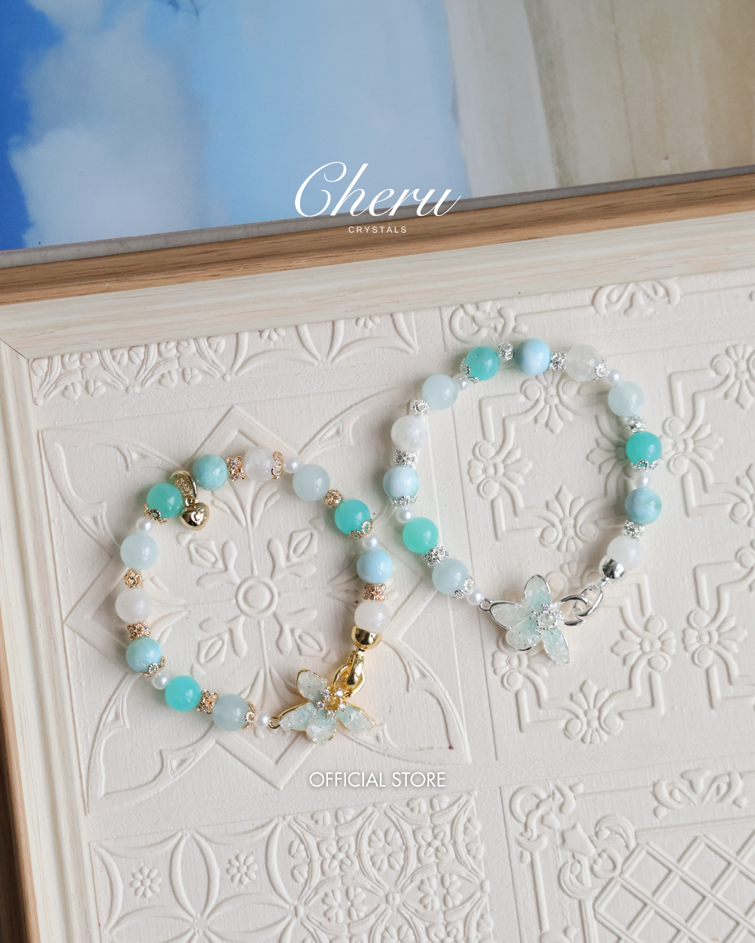 Aquamarine, Larimar, White Garden Quartz & Amazonite ¡ª Plumeria Blue | 8mm (Elastic, OT Clasp)