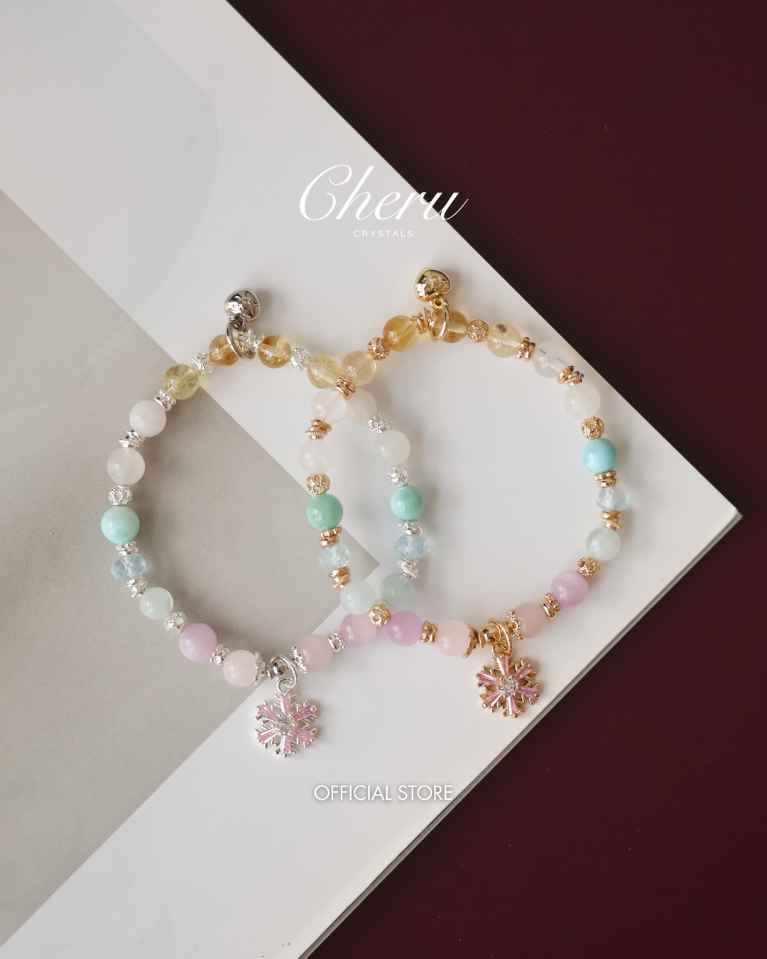 Aquamarine, Blue Topaz, Rose Quartz, Kunzite, White Phantom Quartz, Citrine & Moonstone ¡ª Eira Pastel Duobao Bracelet with Snowflake Charm | 6mm (Elastic)