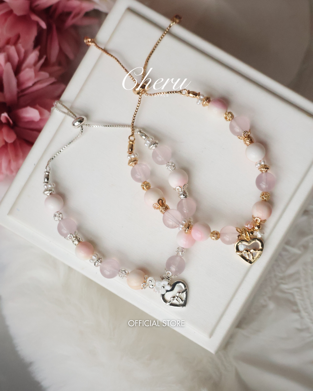 Queen Conch, Rose Quartz with Dangly White Conch Heart Charm ¡ª Mallow | 8mm (Elastic, Push Pull)