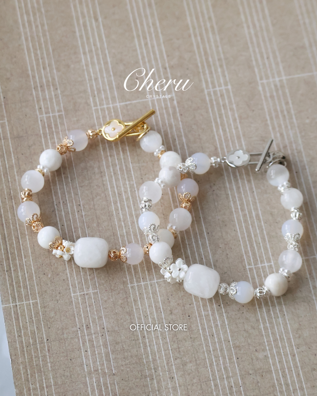 *Luna&Lithoss* 8mm Satin Spar, White Agate, White Phantom Quartz with OT Clasp