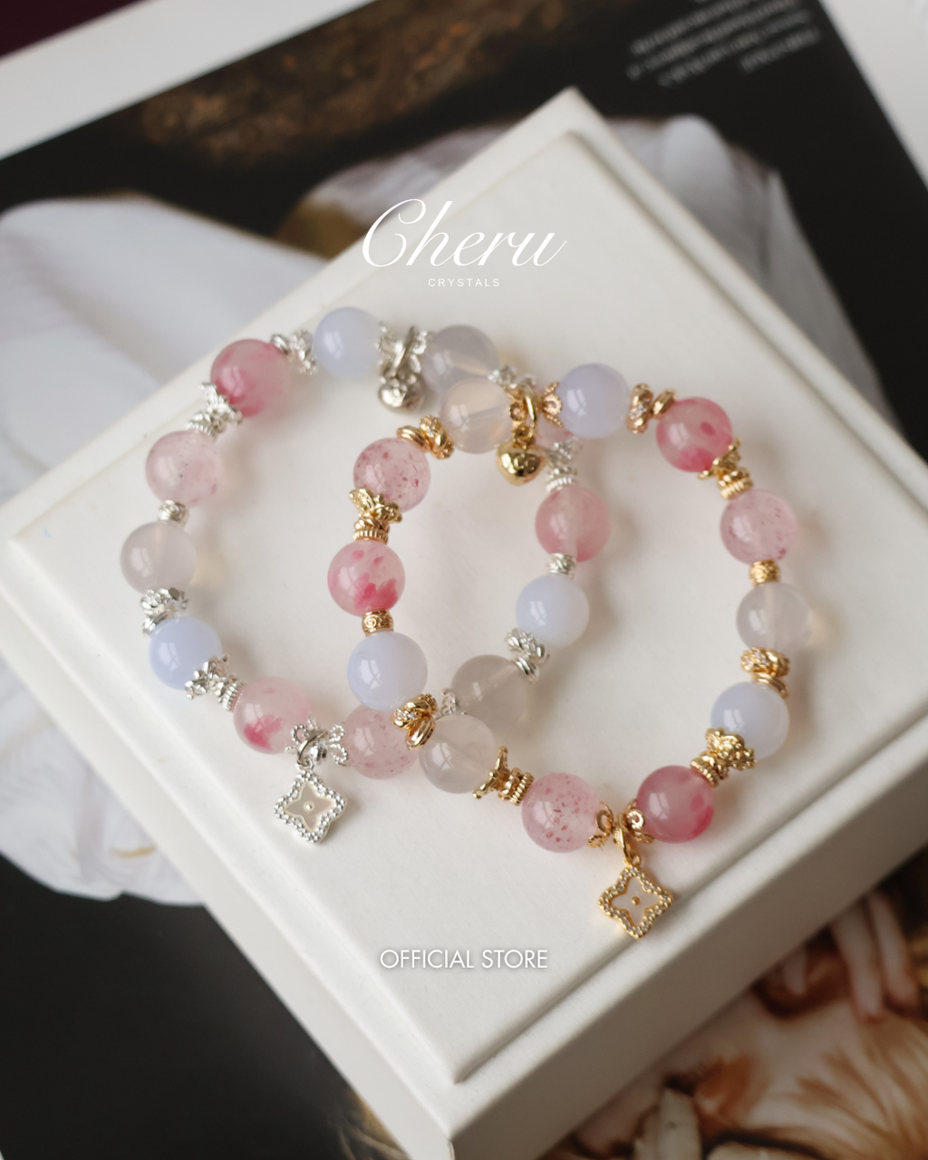Strawberry Quartz, Blue Chalcedony, Rhodonite & Lavender Moon Quartz Crystal Bracelet with Clover Charm ¡ª The Luxe Edit | 10mm (Elastic)
