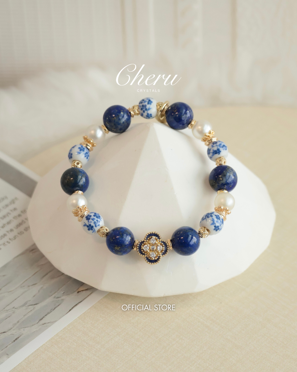 *Luna&Lithoss* Chinese Porcelain Inspired - 10mm Lapis Lazuli (String Through Clover Charm)