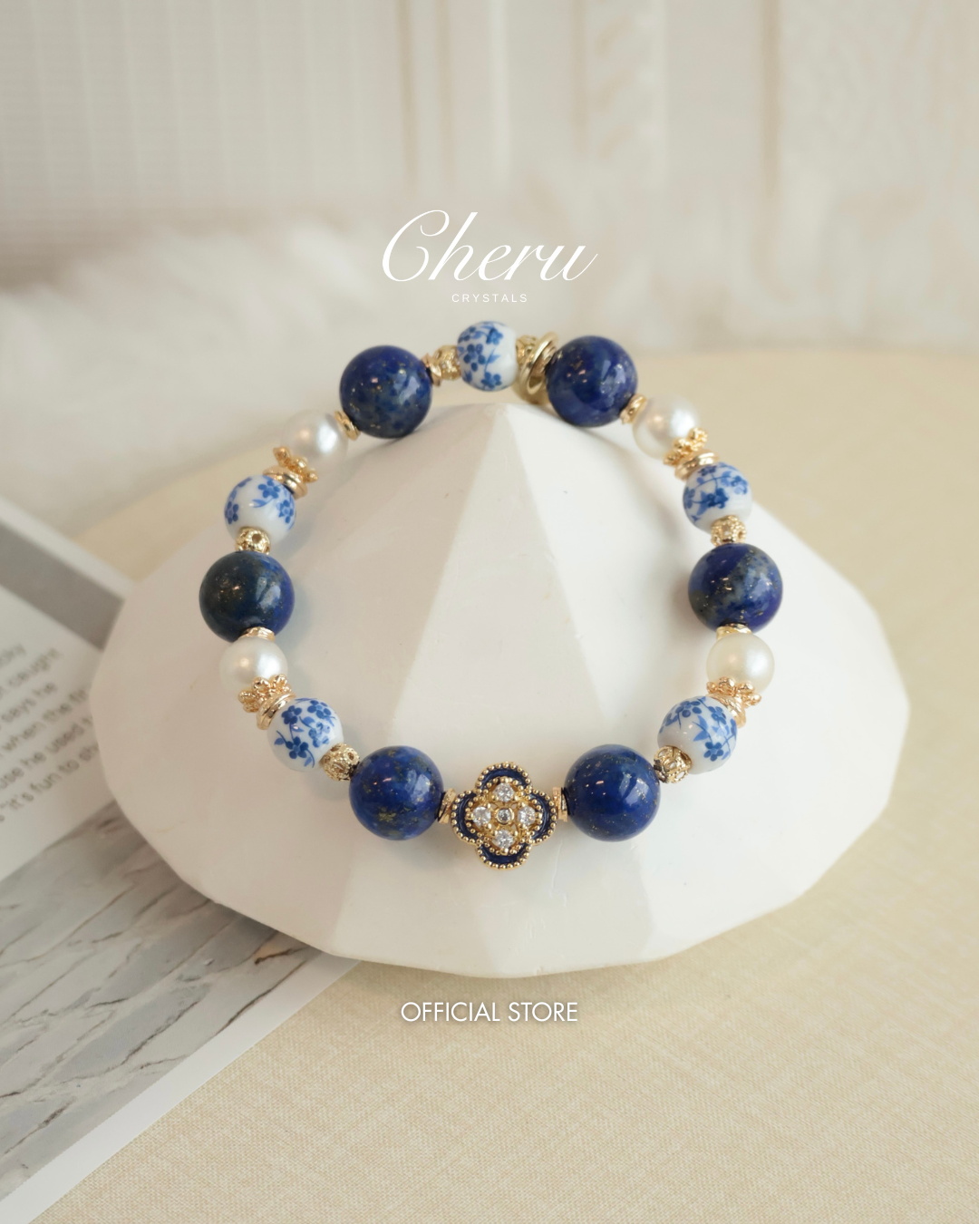 *Luna&Lithoss* Chinese Porcelain Inspired - 10mm Lapis Lazuli (String Through Clover Charm)