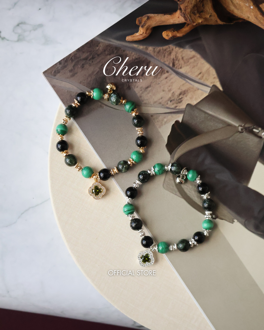 Malachite, Seraphinite & Black Tourmaline Crystal Bracelet ¡ª Cordelia Twin Sparkly Clover | 8mm + 10mm (Elastic)