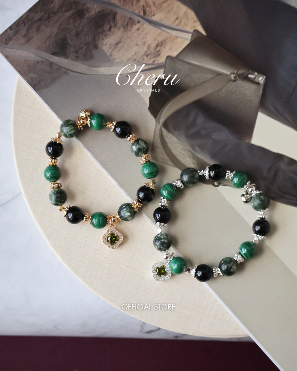 Malachite, Seraphinite & Black Tourmaline Crystal Bracelet ¡ª Cordelia Twin Sparkly Clover | 8mm + 10mm (Elastic)
