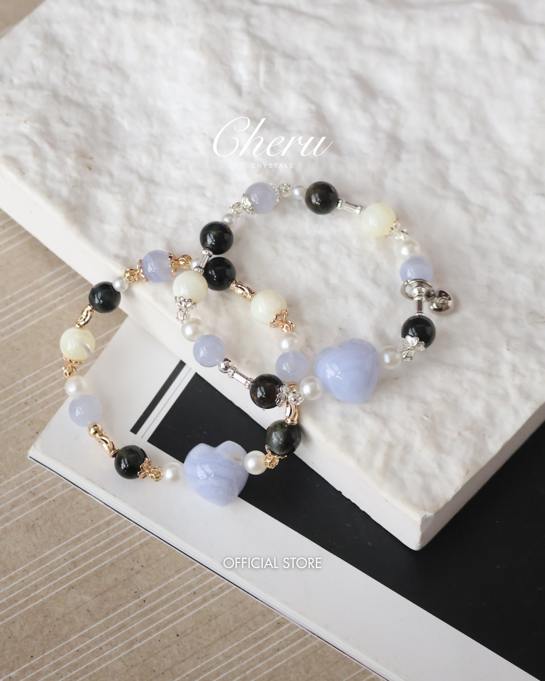 *Luna&Lithoss* 8mm Blue Lace Agate with Heart Carving, White Conch , Hypersthene
