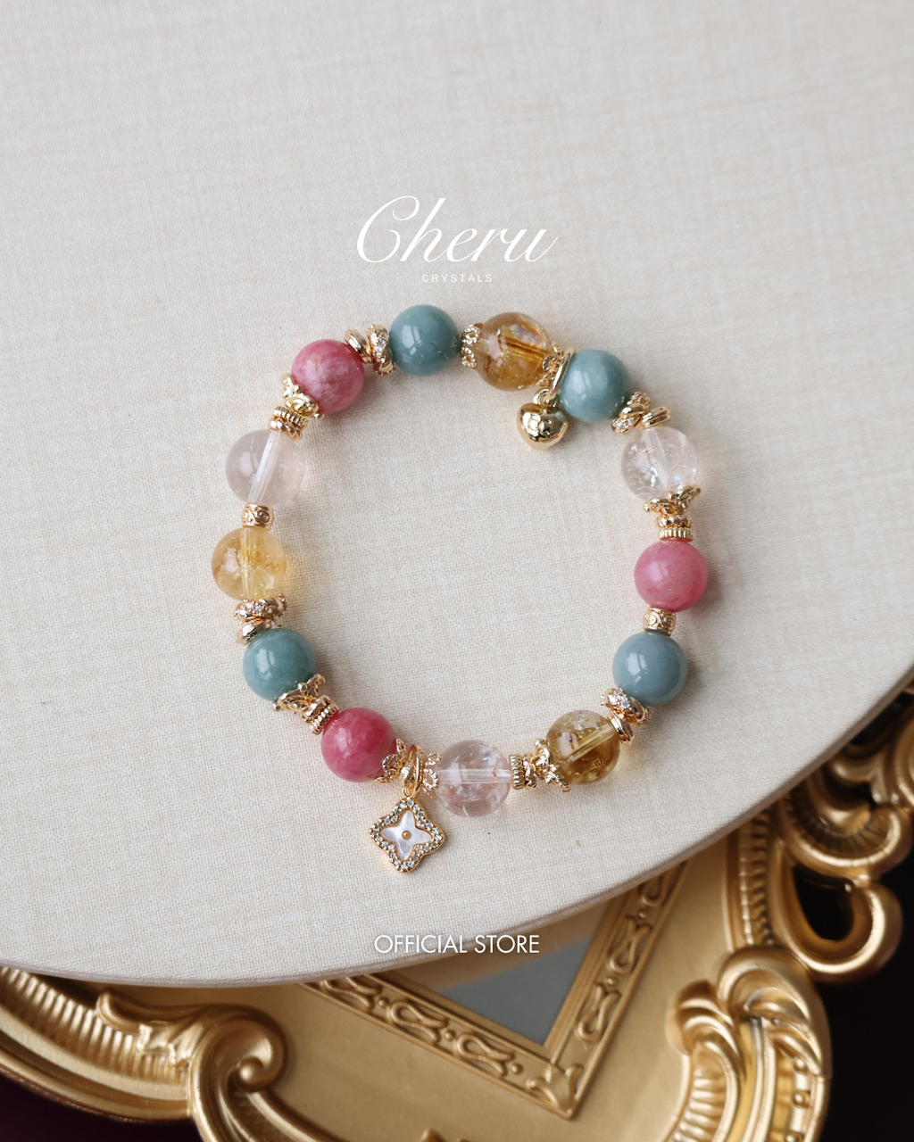 Citrine, Rhodonite, Rose Quartz & Blue Water Jadeite Crystal Bracelet with Clover Charm ¡ª The Luxe Edit | 10mm (Elastic)