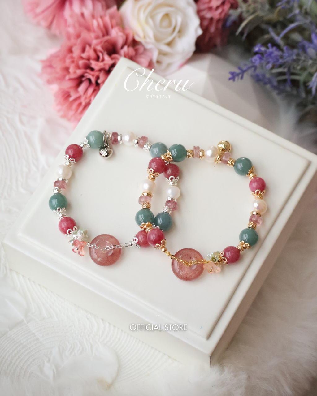 Blue Water Jadeite, Rhodonite, Fresh Water Pearl, Strawberry Quartz Ping An Kou ¡ª Mia | 6mm (Elastic)