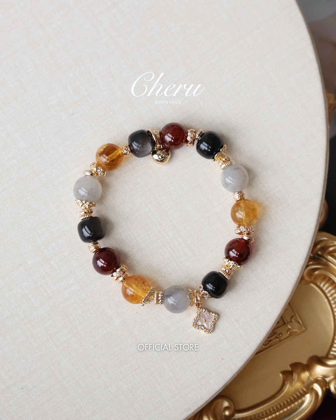 Citrine, Black Obsidian, Garnet & Labradorite Crystal Bracelet with Clover Charm ¡ª The Luxe Edit | 10mm (Elastic)