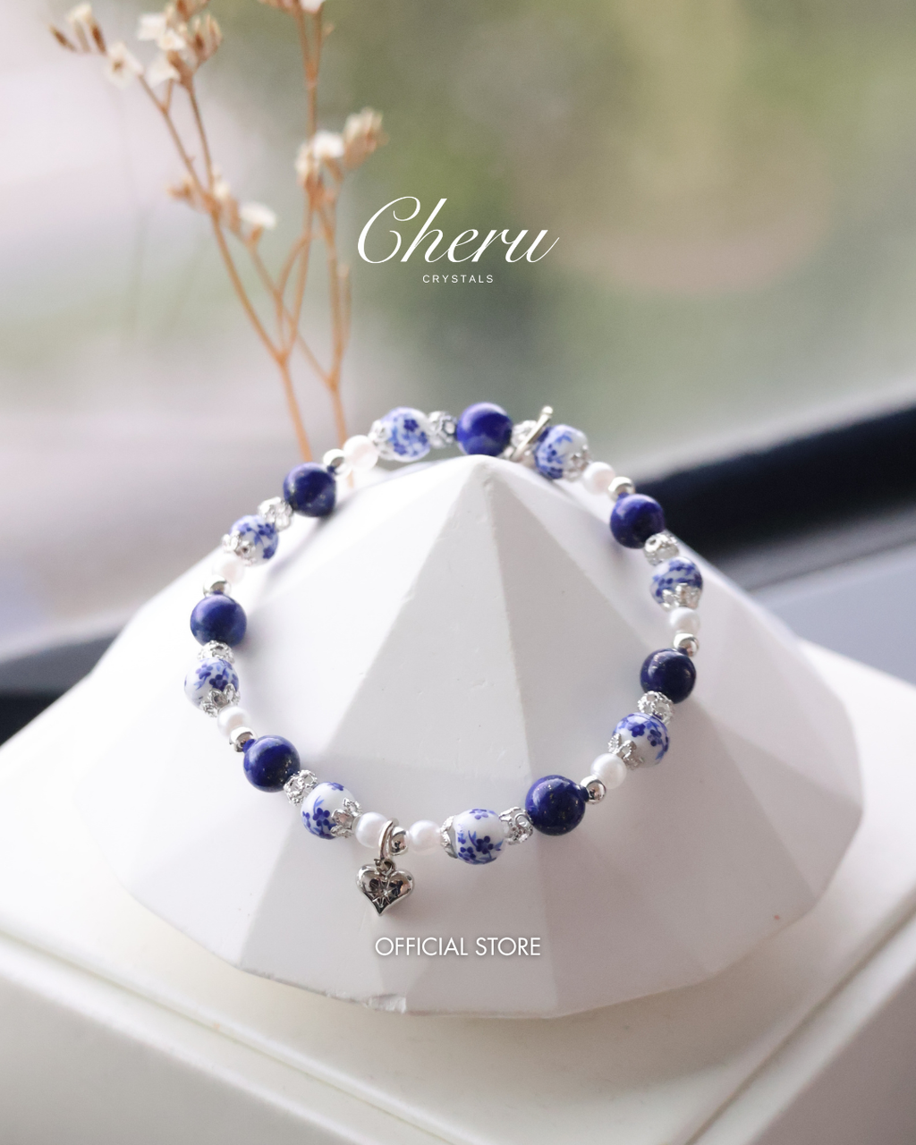 *Luna&Lithoss* Chinese Porcelain Inspired - 6mm Lapis Lazuli with Heart Dangly