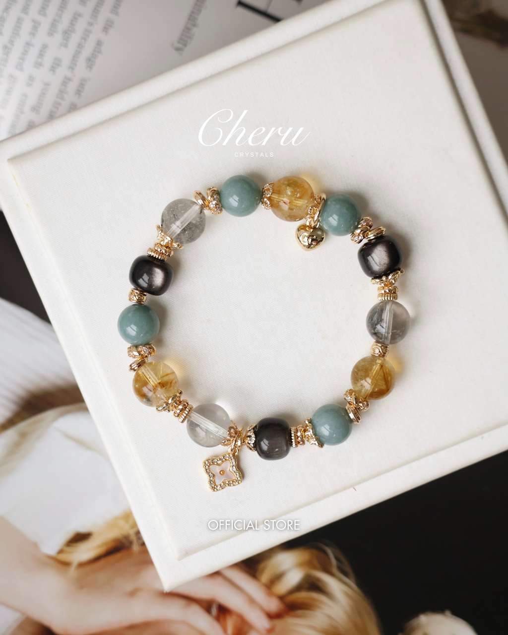 Citrine, Black Obsidian, Herkimer Diamond & Blue Water Jadeite Crystal Bracelet with Clover Charm ¡ª The Luxe Edit | 10mm (Elastic)
