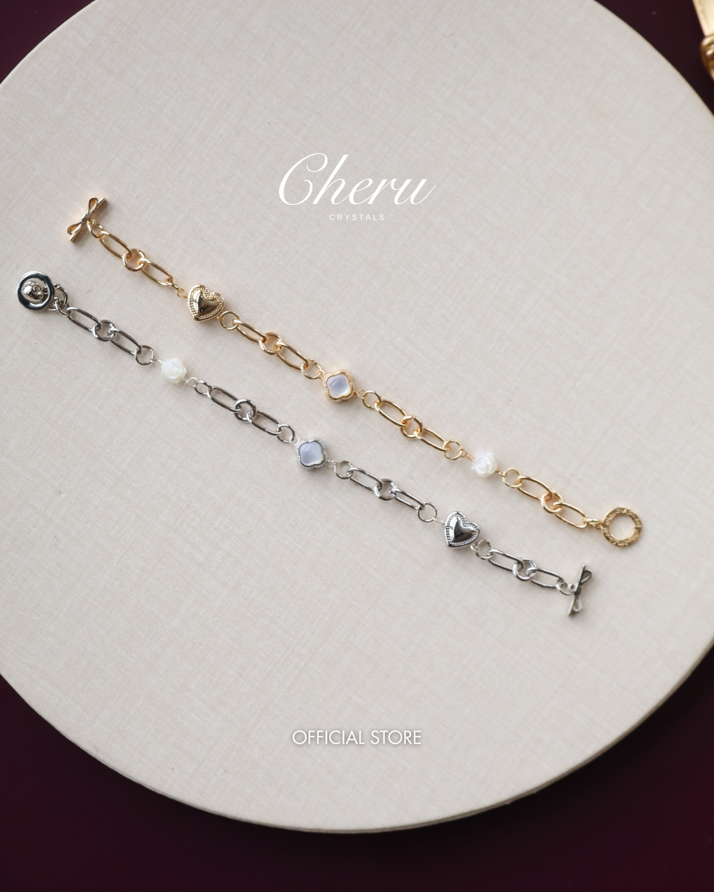 White Conch Rose Carving, White Conch Clover & Heart Charm ¡ª Celia Chain | (OT Clasp, Chain)