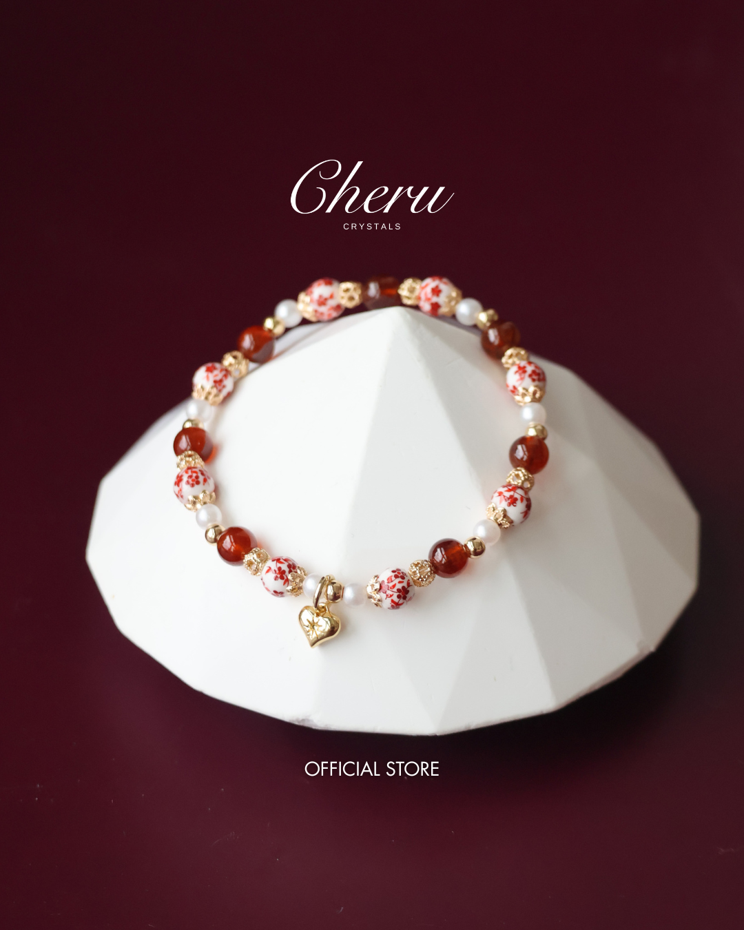 *Luna&Lithoss* Chinese Porcelain Inspired - 6mm Garnet with Heart Dangly