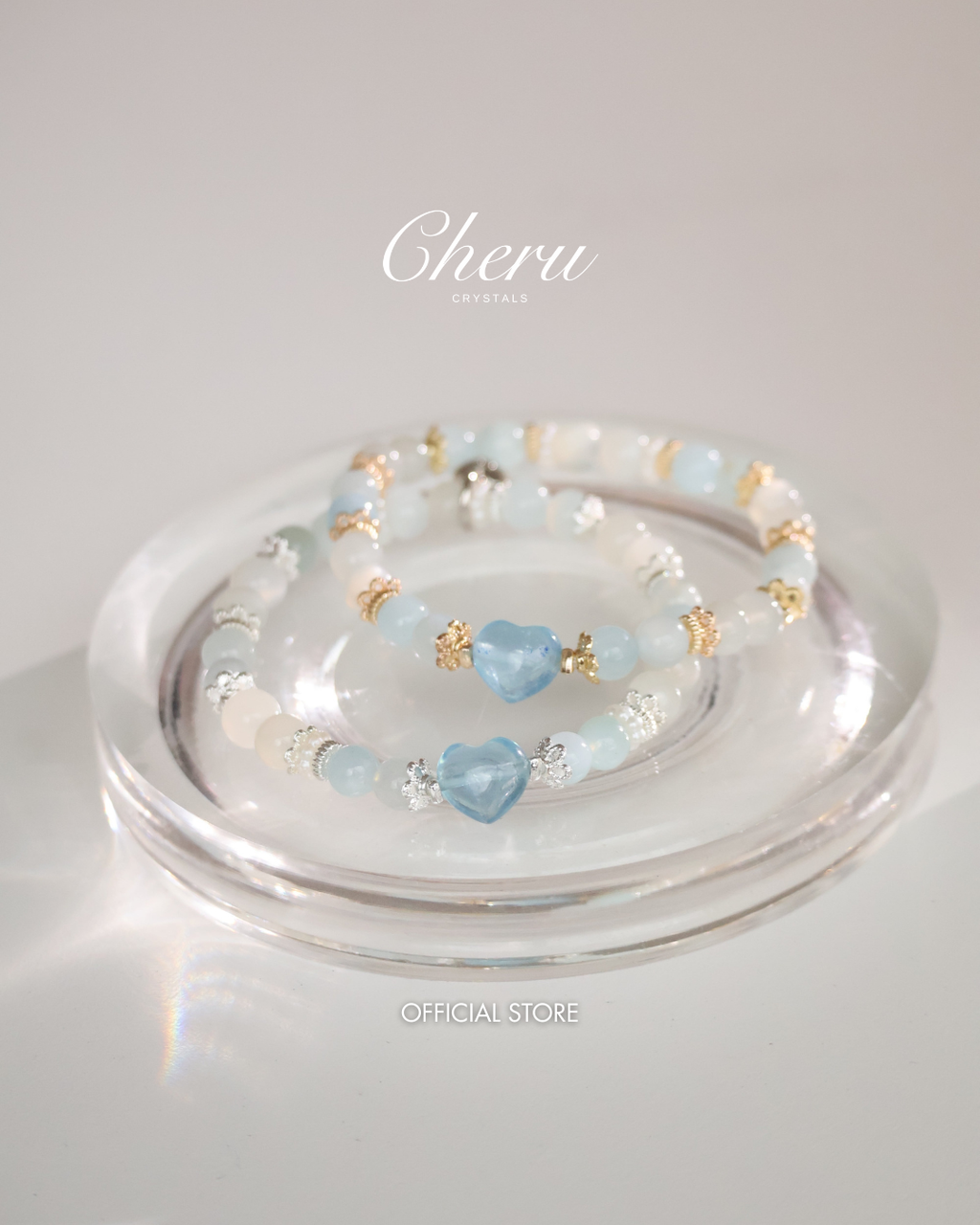 Aquamarine & White Flash Moonstone with Heart Carving ¡ª Dain | 6mm (Elastic)