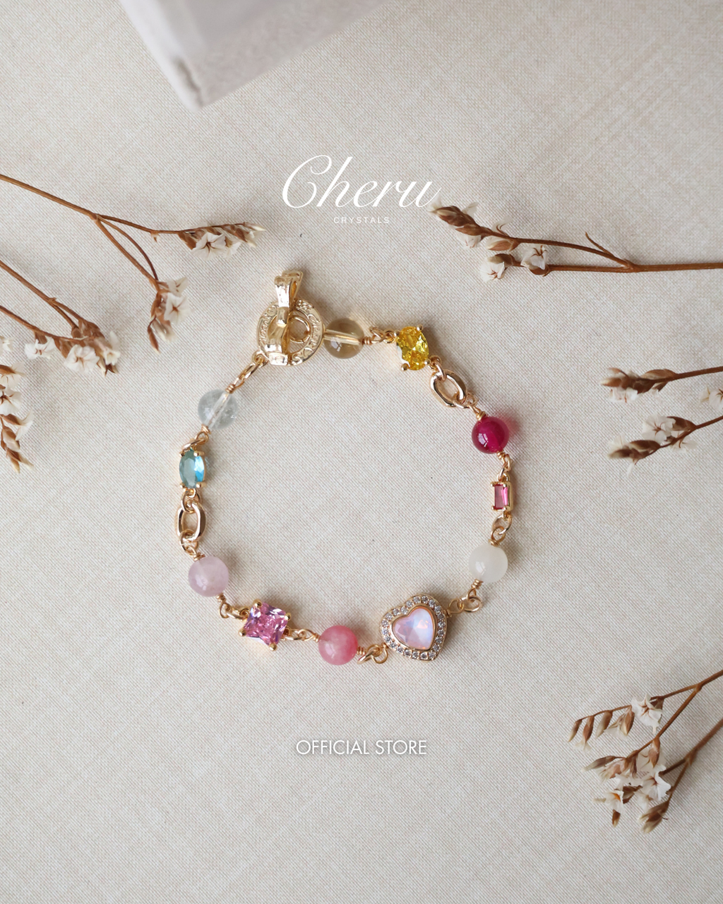 Rhodonite, Citrine, Moonstone, Blue Topaz, Ruby & Pink Purple Emerald Mica ¡ª Duobao Multi Gem with Heart Charm and Gem Charms | 6mm (OT Clasp, Chain)