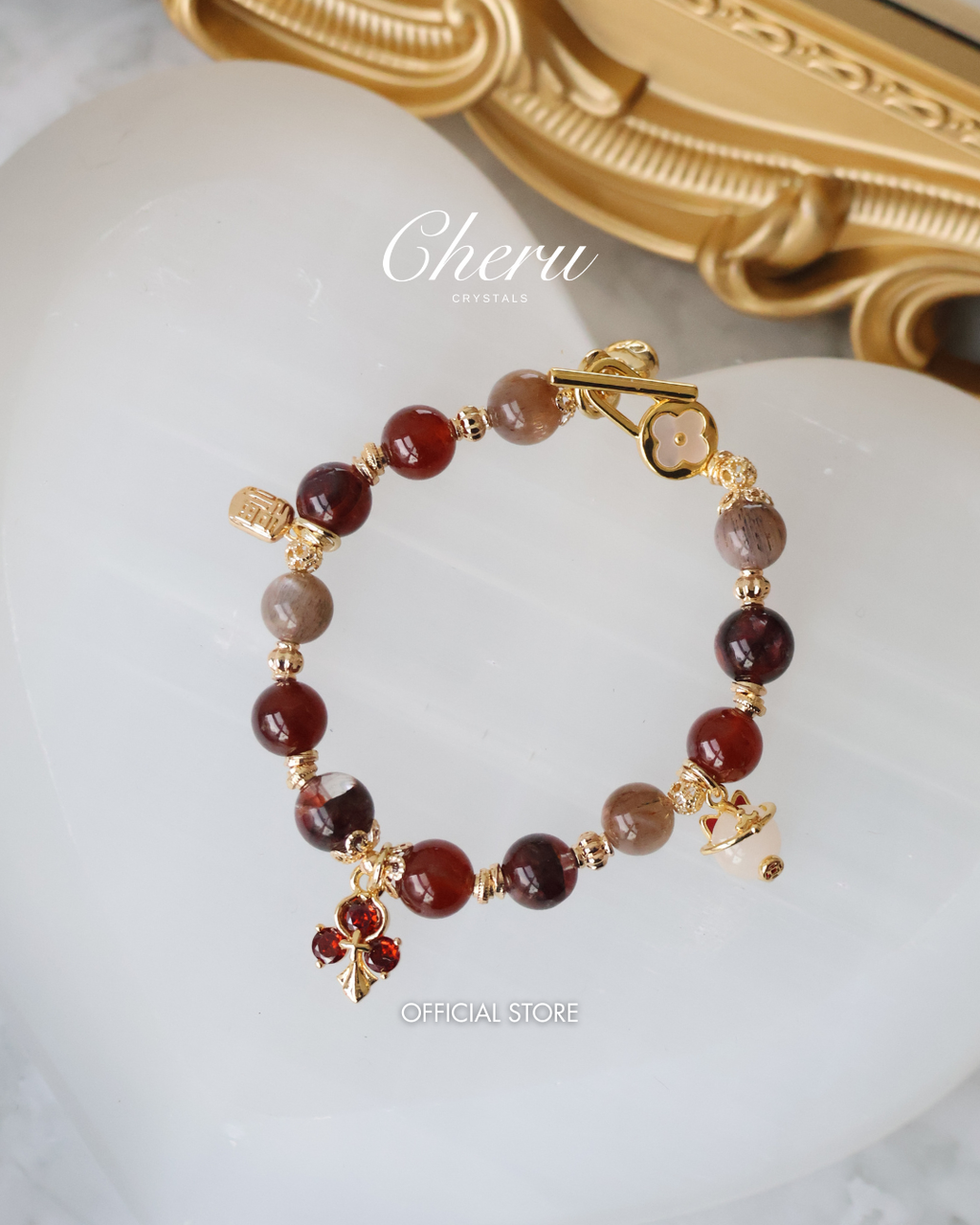 Fire Quartz, Garnet & Black Gold Skeletal Sunstone with Lucky Cat, Red Clover & Fu Charm ¡ª Crimson Blessing | 8mm (Elastic, OT Clasp)