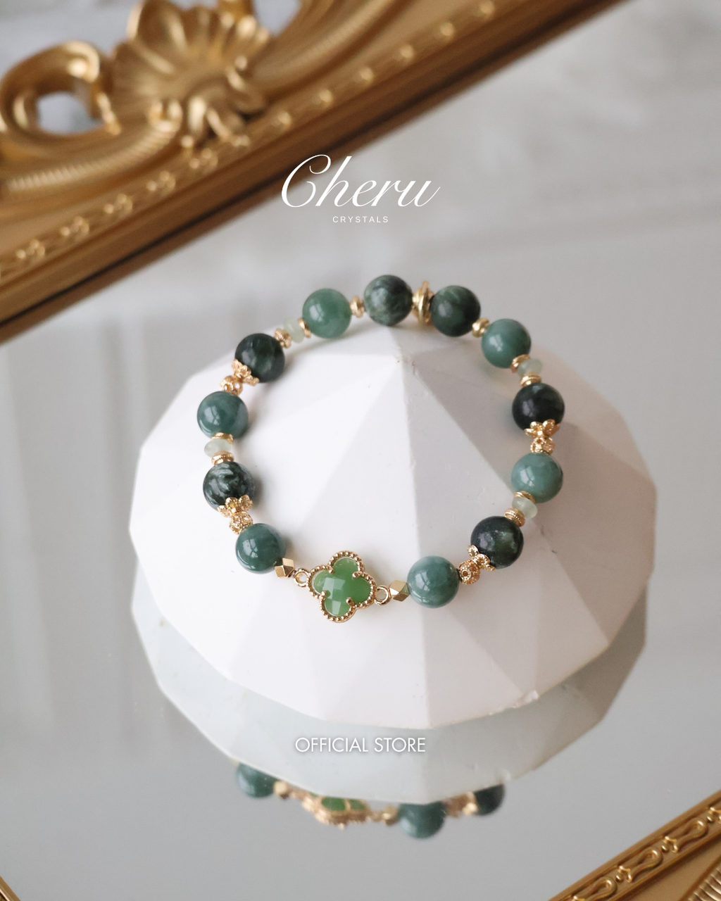 Blue Water Jadeite, Seraphinite & Green Aventurine with Clover ¡ª Viridian | 8mm (Elastic)