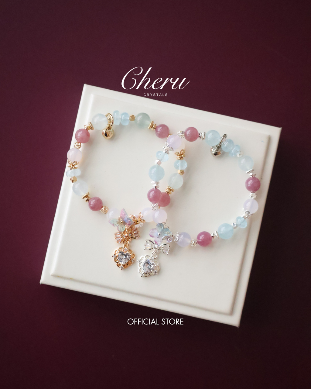 *Luna&Lithoss*  -  Blossara - 8mm Blue Topaz, Aquamarine, Lilac Chalcedony & Lavender Rose Quartz with Dangly Sparkly Heart and Butterfly Rainbow Charm (Elastic)