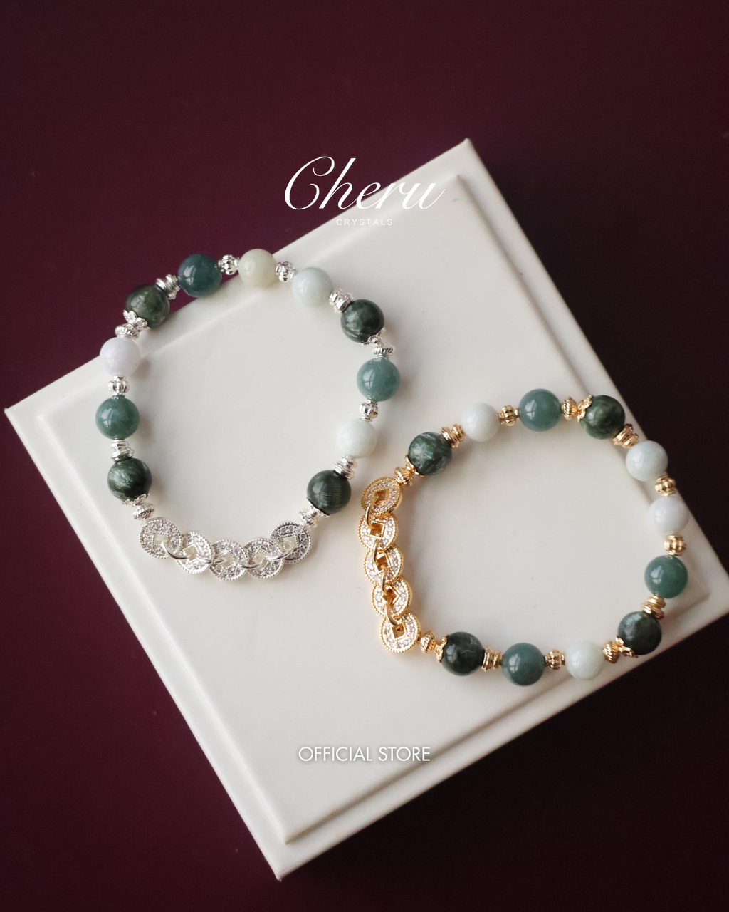 Seraphinite, Blue Water Jadeite & Green Jadeite Crystal Bracelet ¡ª Fengshui Coins Eirene | 8mm (Elastic)