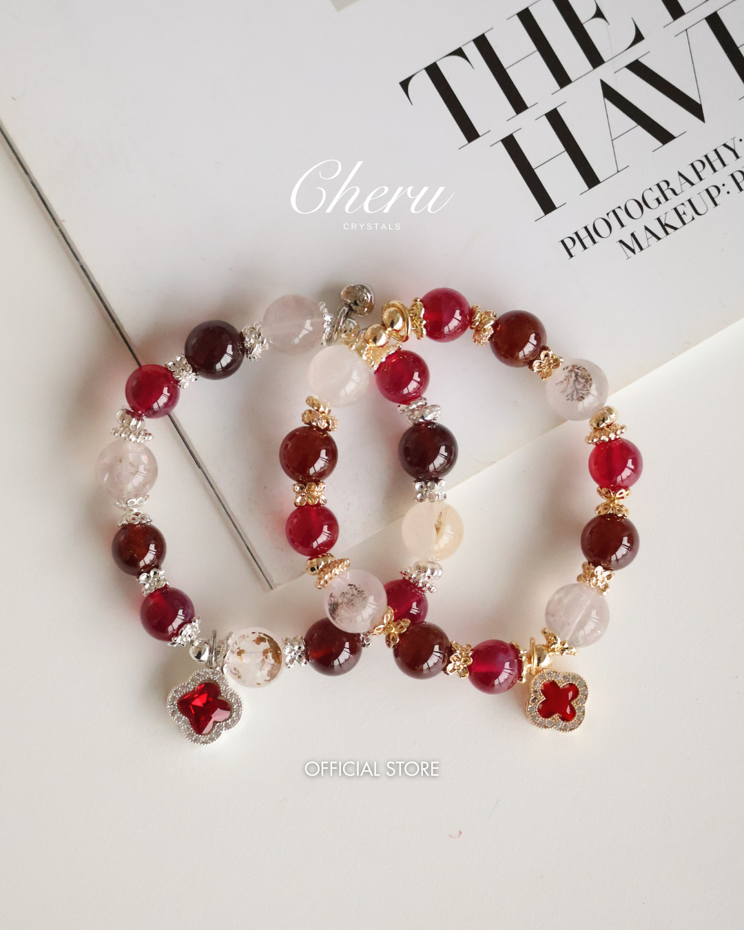 *Luna&Lithoss* 10mm Cordelia Twin with Sparkly Clover: Dendrite Rose Quartz, Garnet, Red Star Ruby (Elastic)