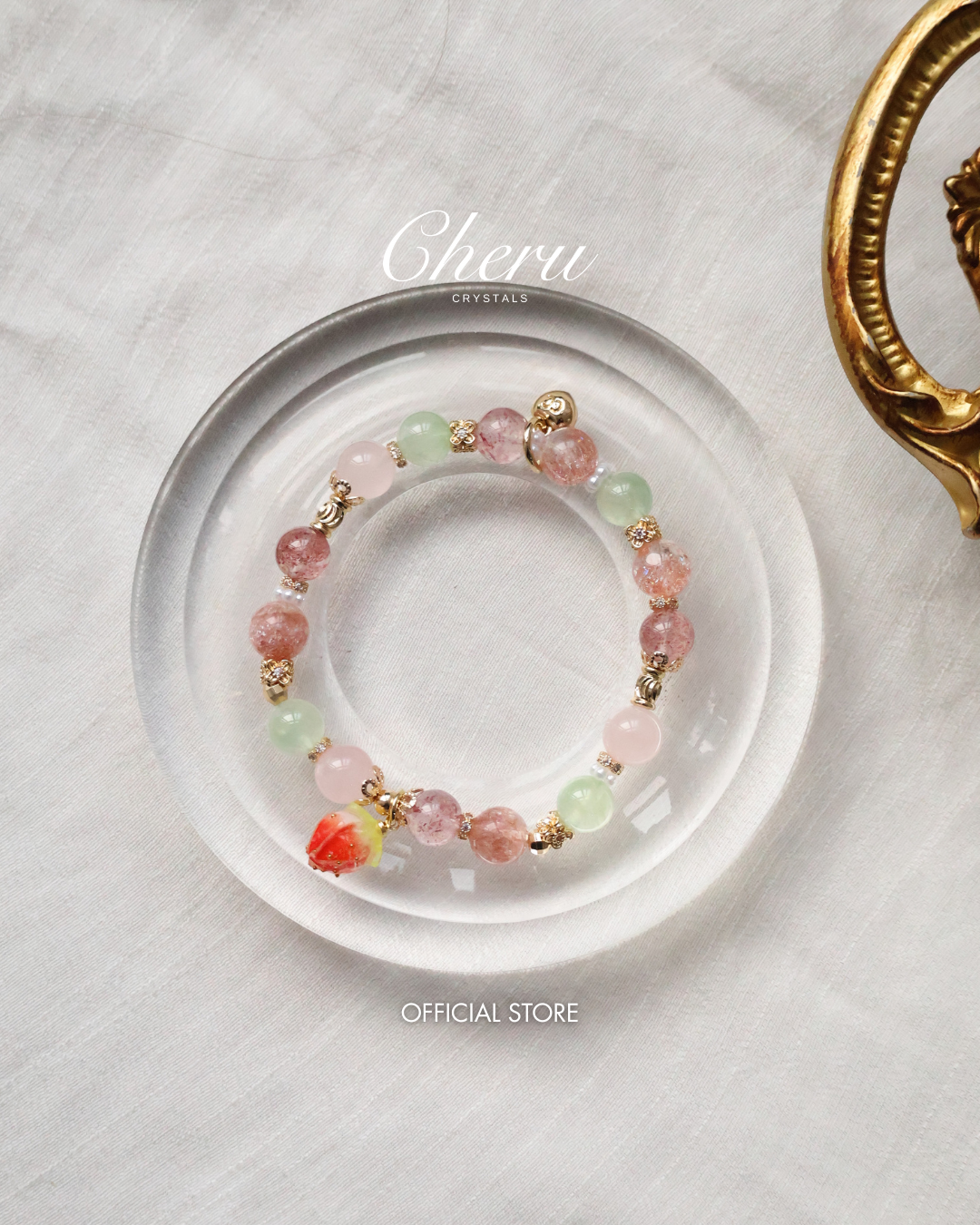 Strawberry Quartz, Prehnite, Rose Quartz & Heated Copper Rutile Crystal Bracelet with Dangly Strawberry Charm ¡ª Anya | 8mm (Elastic)